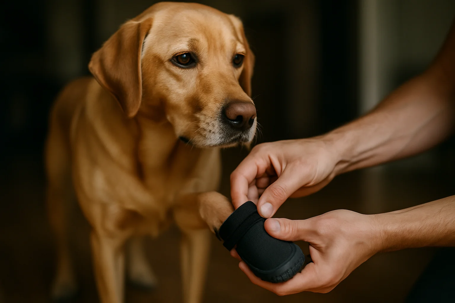 Hands carefully fitting a rubber-soled protective boot onto a dog's paw
