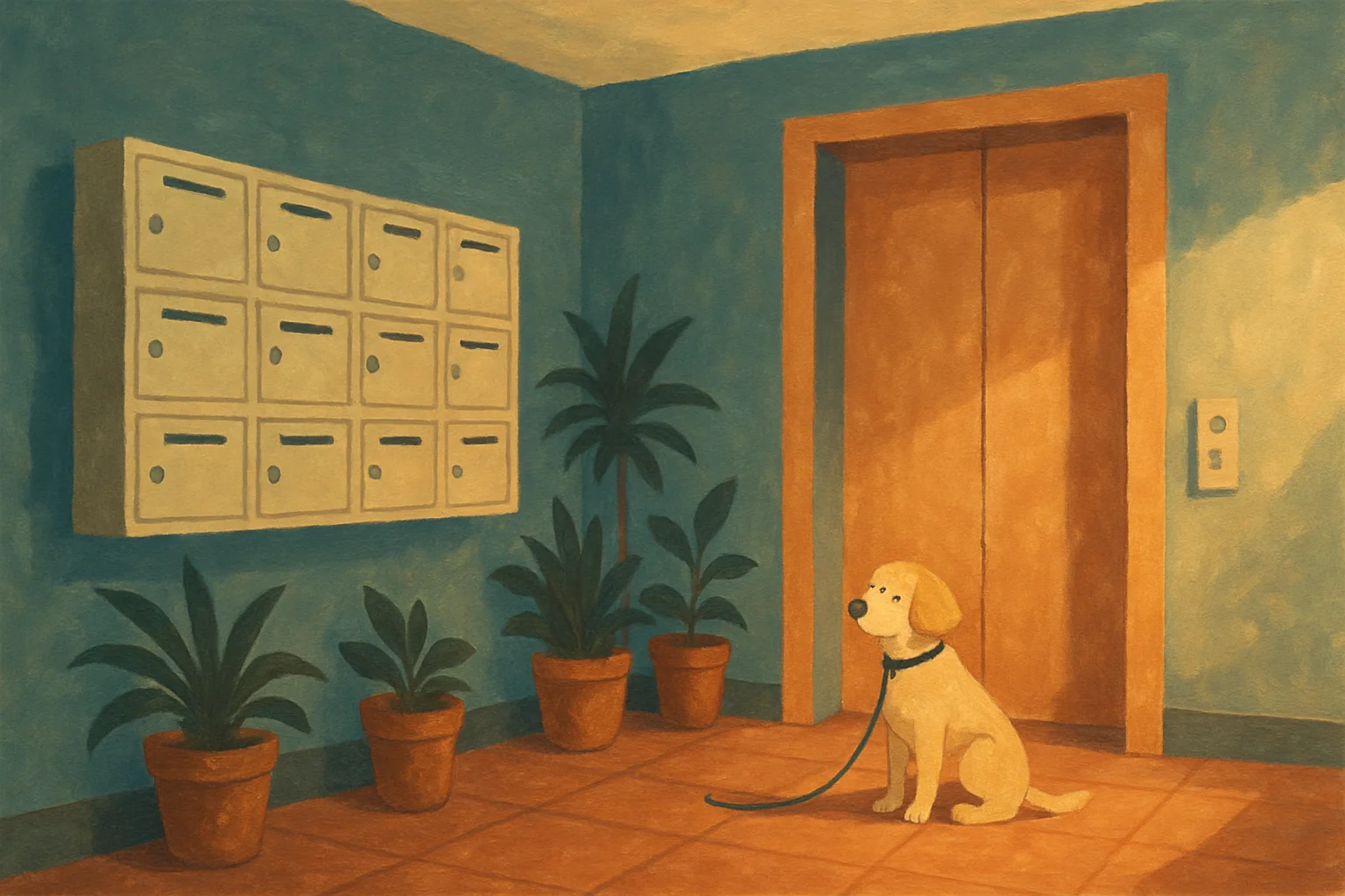 Couloir d'immeuble avec boîtes aux lettres murales et petit chien assis calmement en laisse près de l'ascenseur