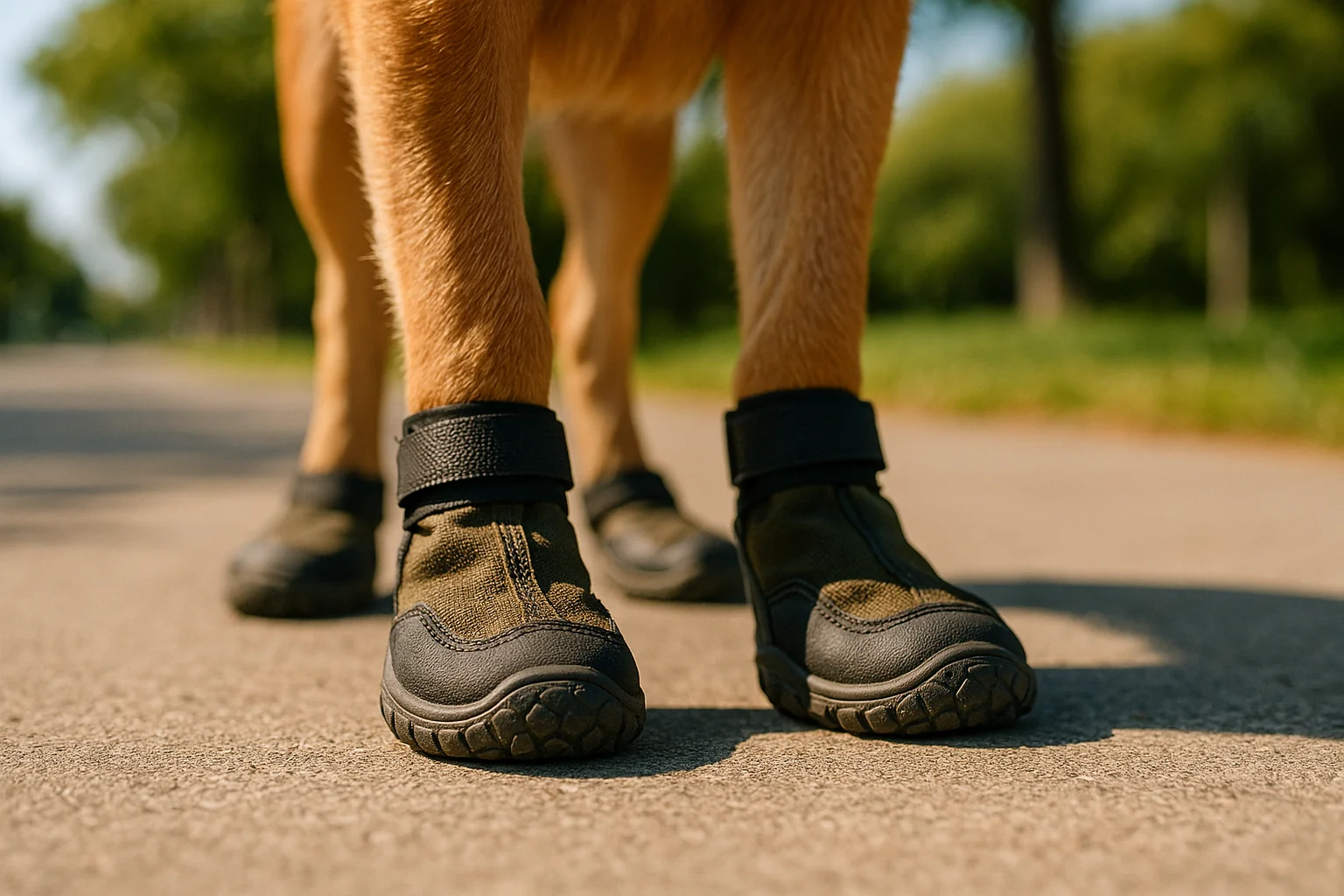 Close-up of a dog's front paws wearing rubber-soled protective boots on a sunny sidewalk