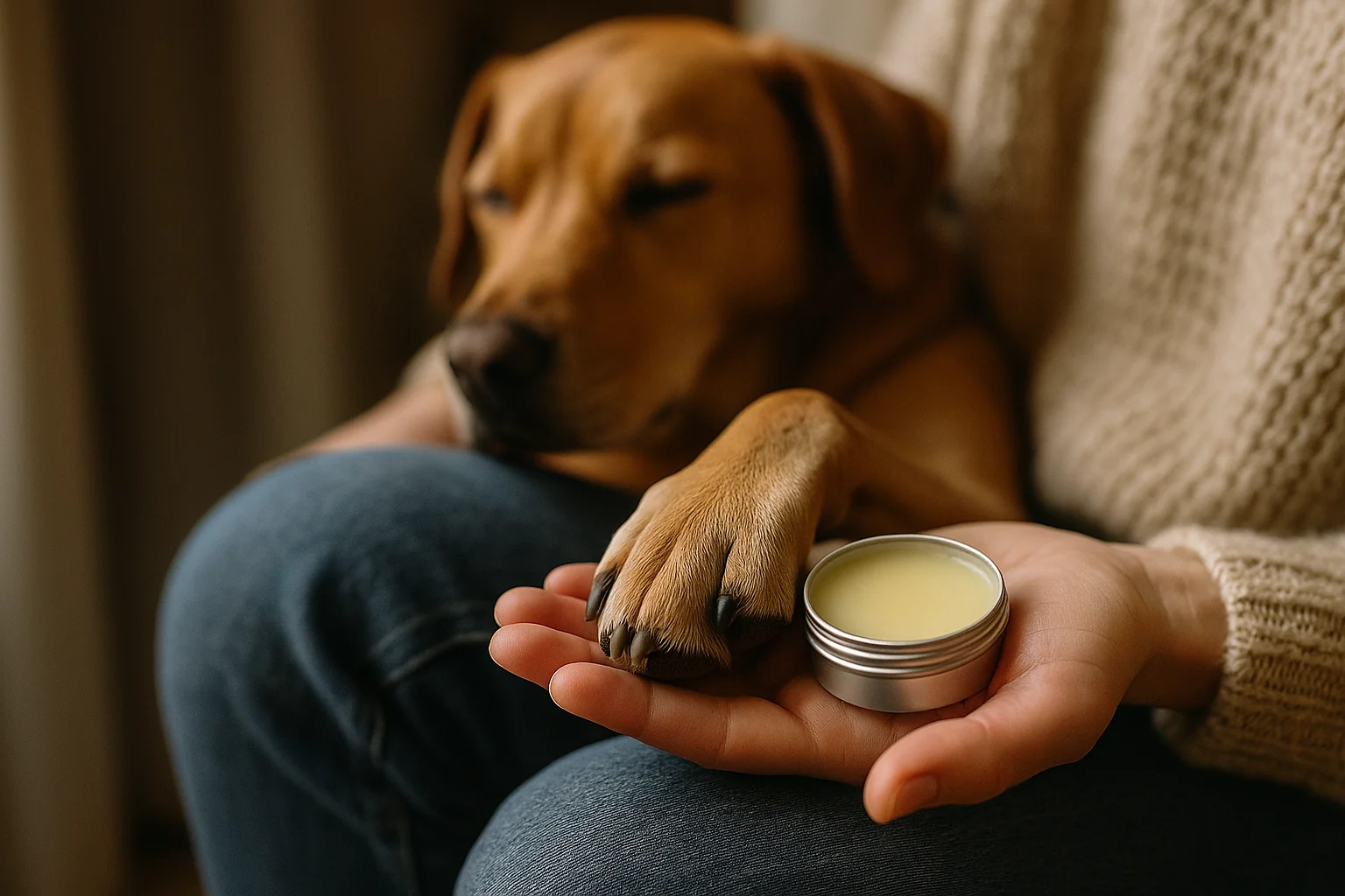 Une main tenant un petit pot de baume ouvert à côté de la patte détendue d’un chien posée sur les genoux