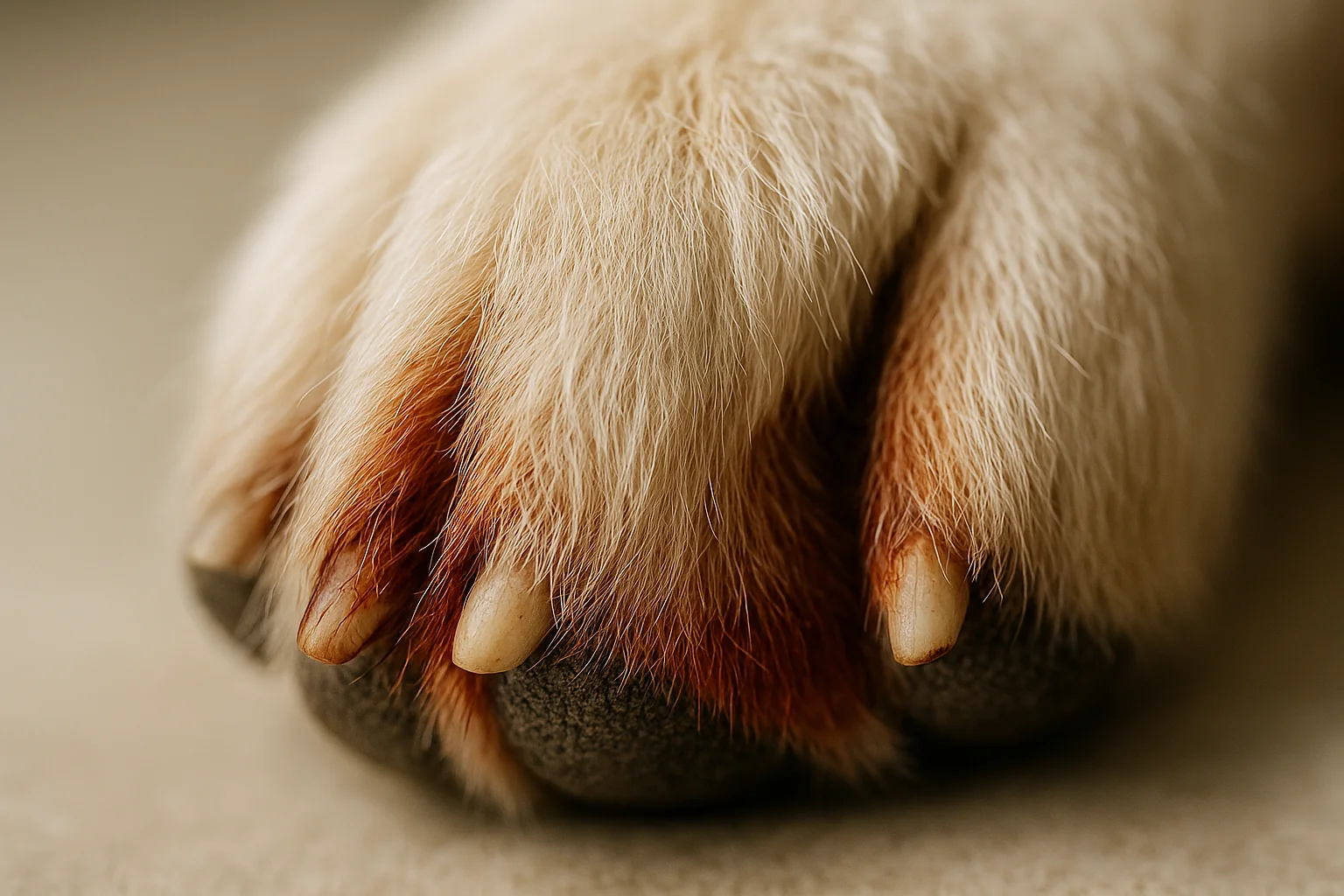 Close-up of a light-coloured dog's paw showing reddish-brown staining between the toes