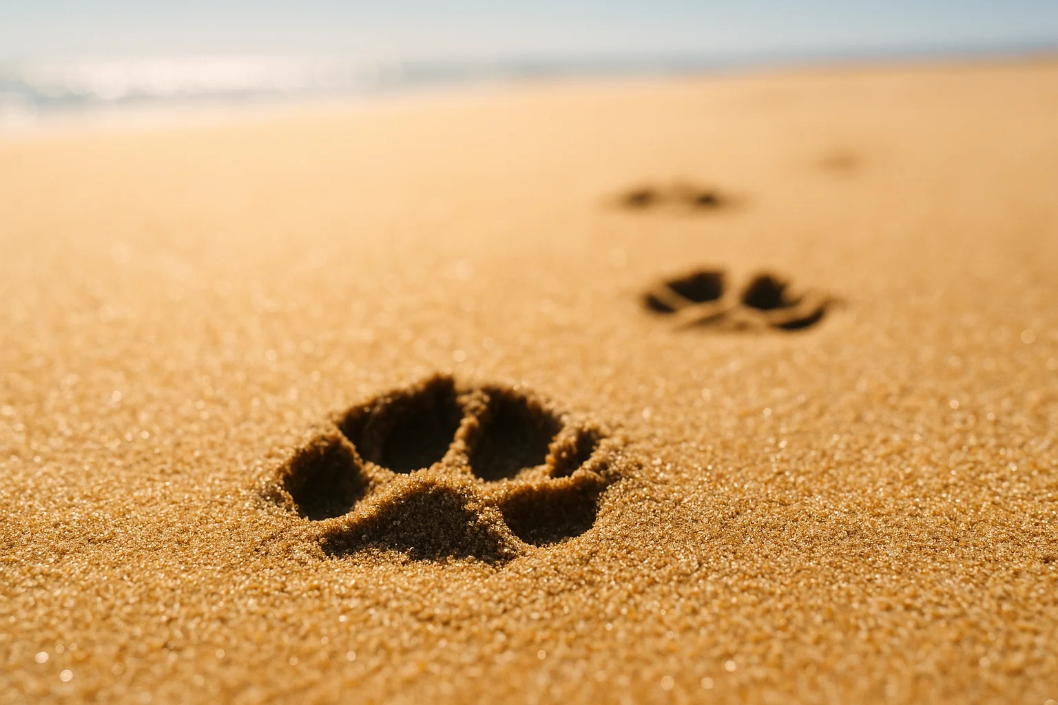 Dog paw prints in sunlit golden beach sand, heat shimmer visible in the distance
