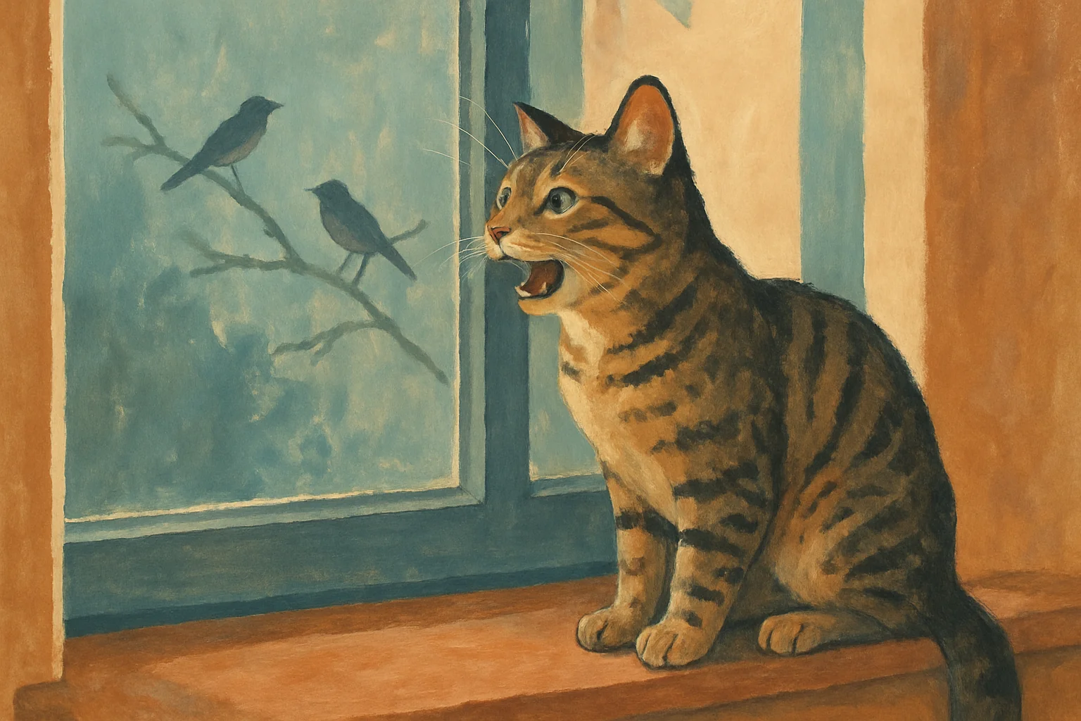 A tabby cat sitting on a window sill mid-chatter, watching birds outside through the glass