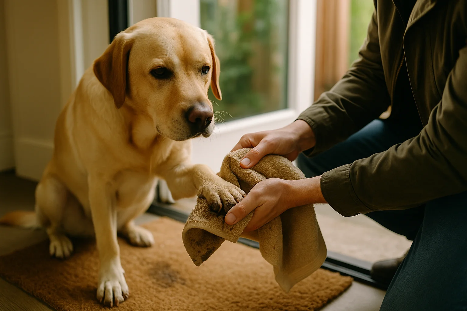 A person wiping a dog's muddy paw with a soft towel right by the front door after a walk