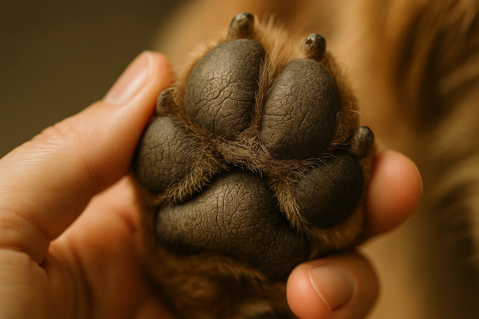 Extreme close-up of a dry, cracked dog paw pad held gently between two fingers