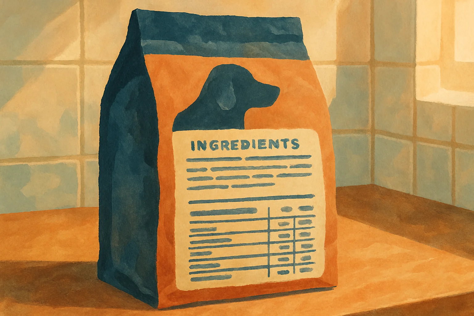 Gros plan sur une étiquette de croquettes pour chien avec la liste de composition et le tableau des valeurs nutritionnelles