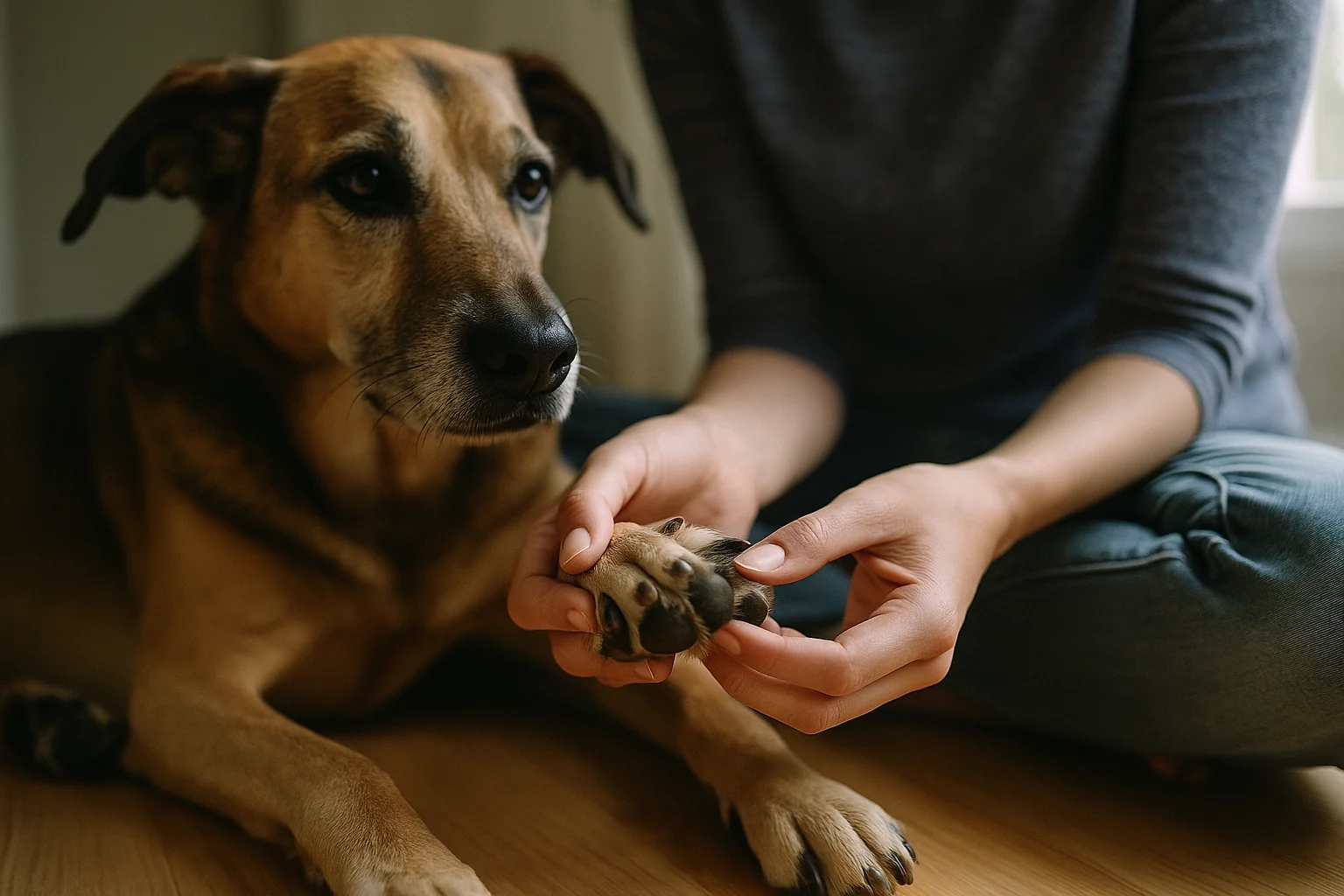 A person sitting on the floor gently spreading a dog's toes apart to inspect the paw in natural daylight