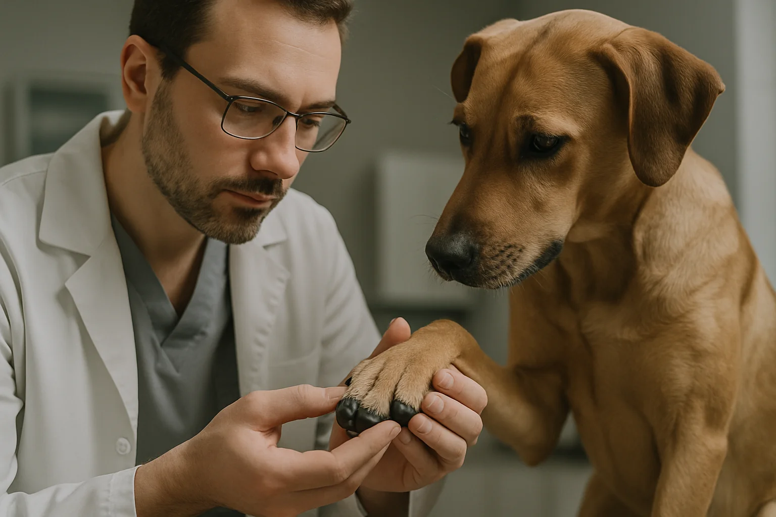 A veterinarian closely examining a dog's paw pad by hand in a clinic, checking for signs of an underlying health condition