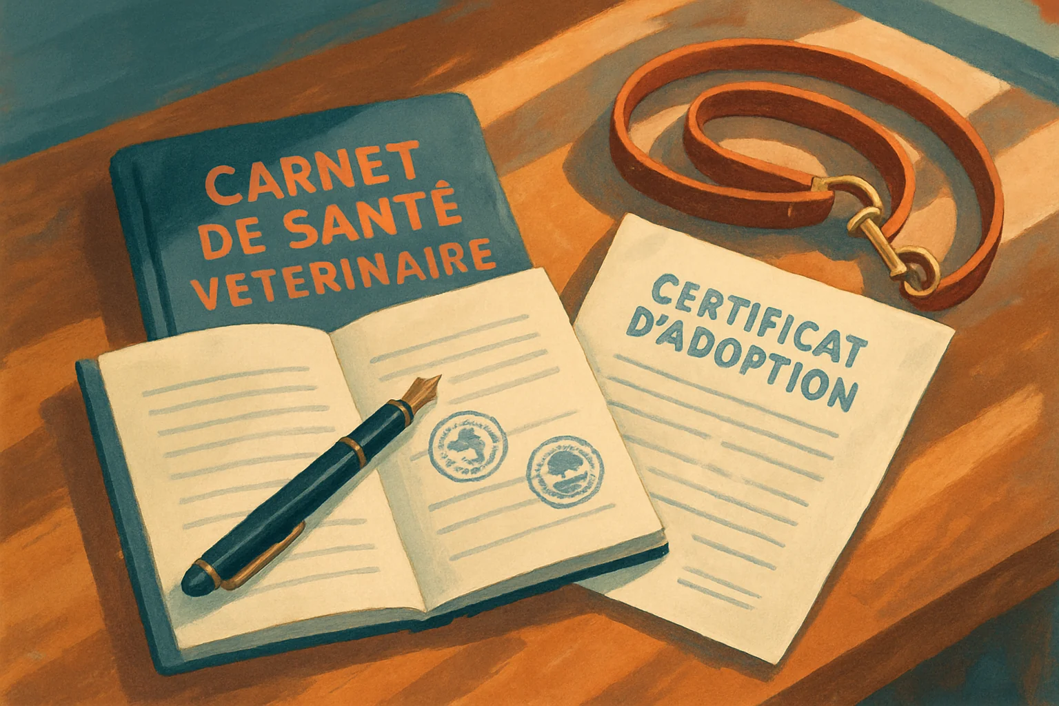 Carnet de santé ouvert, stylo et laisse en cuir posés sur un bureau en bois, dossier d'adoption prêt à être signé