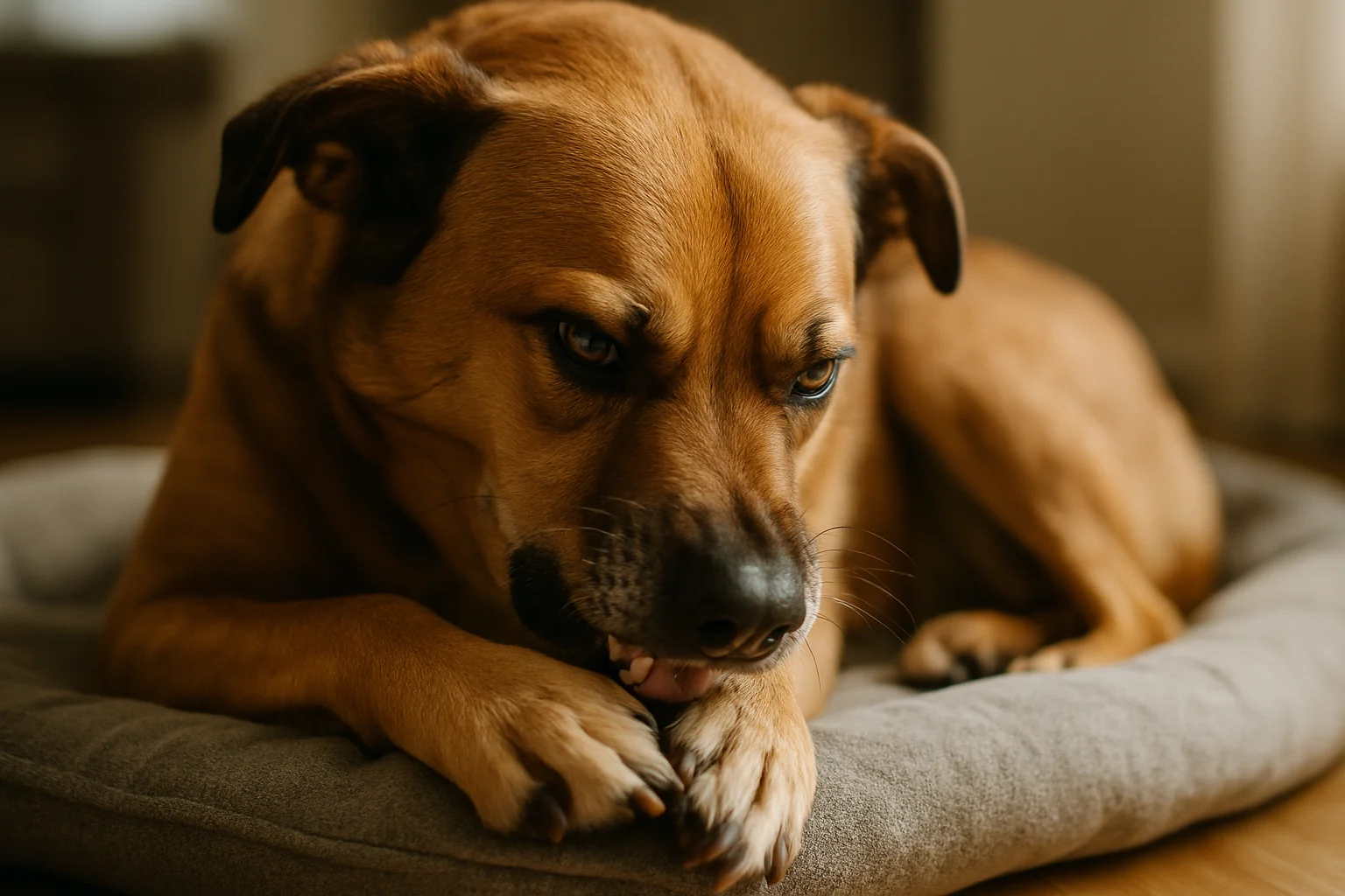 A dog lying on a dog bed intently biting at its own front paw