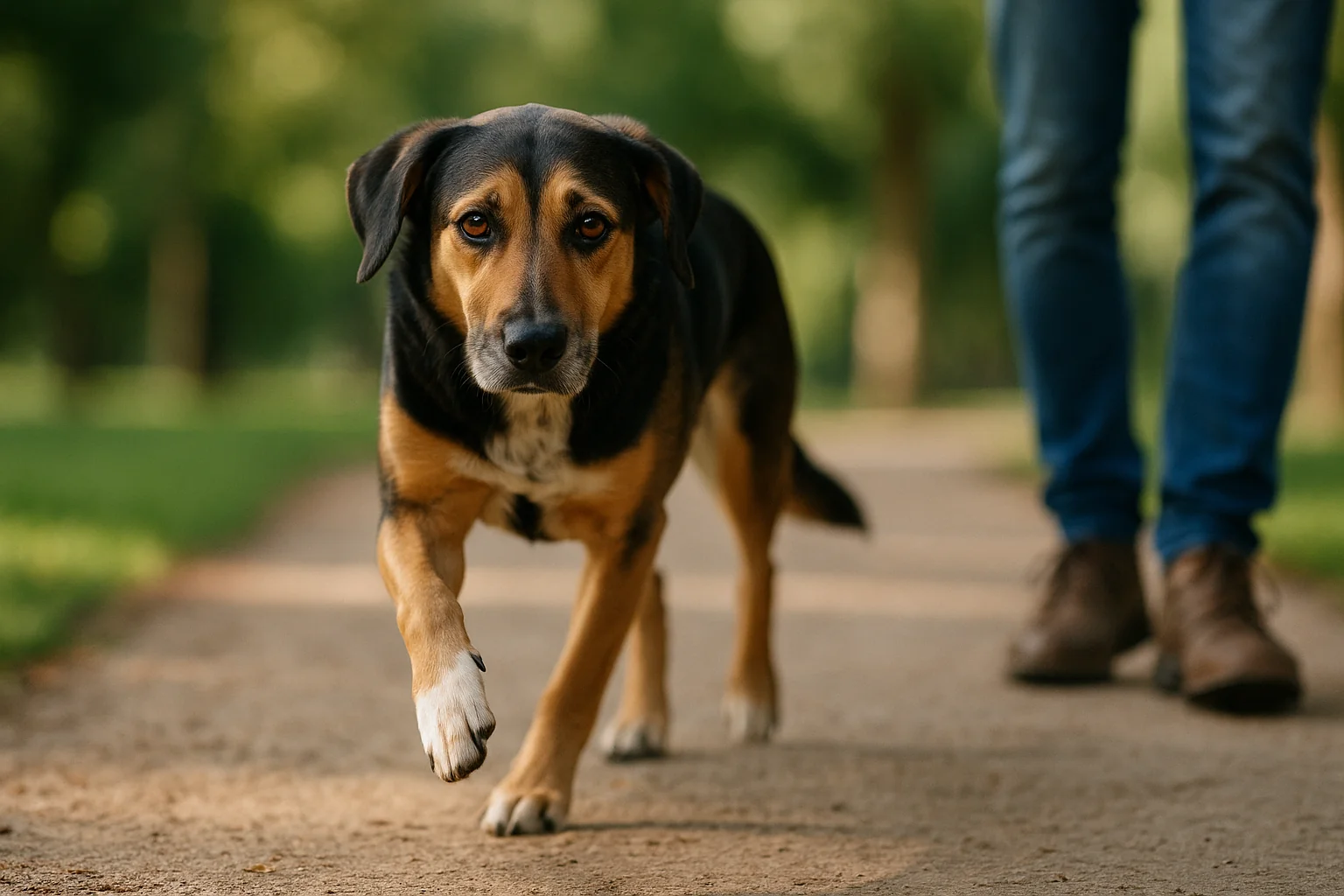 A dog mid-stride on a park path, one front paw slightly lifted off the ground