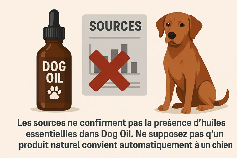 Illustration of a dog oil bottle next to a crossed-out sources chart and a dog, with a caption noting that essential oils in this product are not confirmed by the available sources