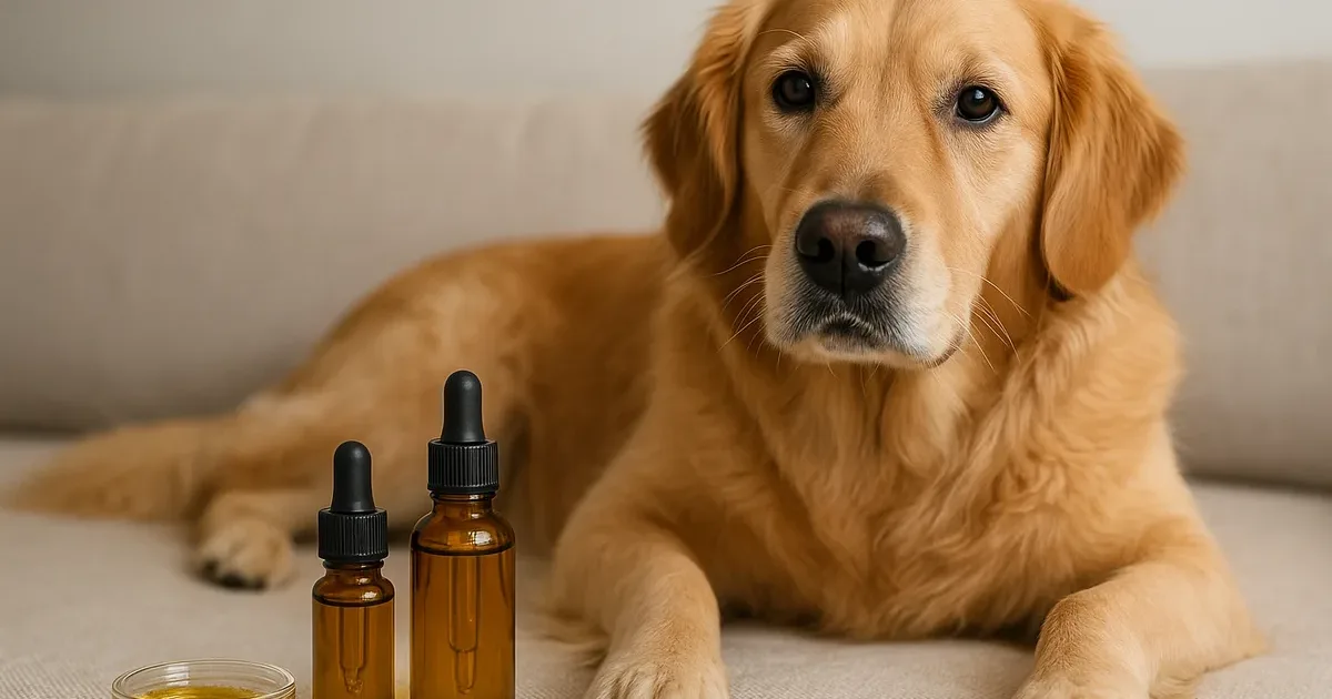 A golden retriever resting on a sofa next to small amber bottles of oil