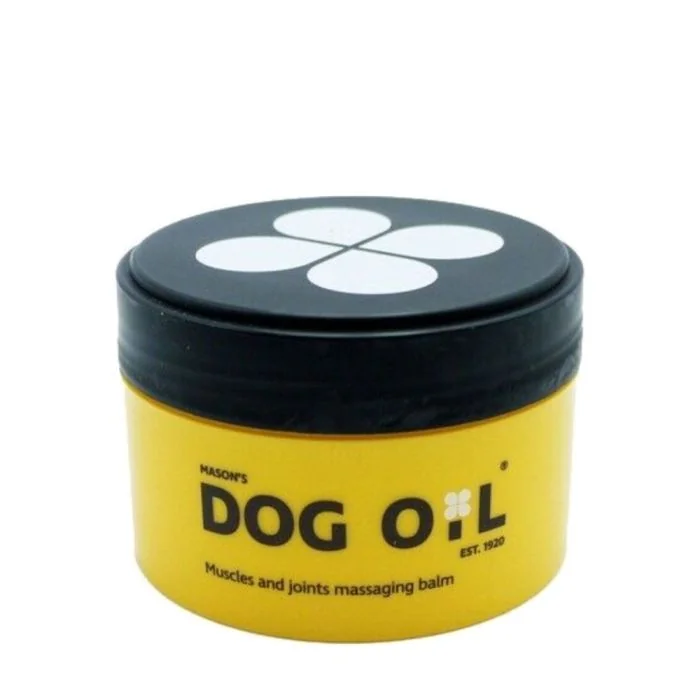 A 100g tub of Mason's Dog Oil massaging balm for muscles and joints, with a black lid and yellow label