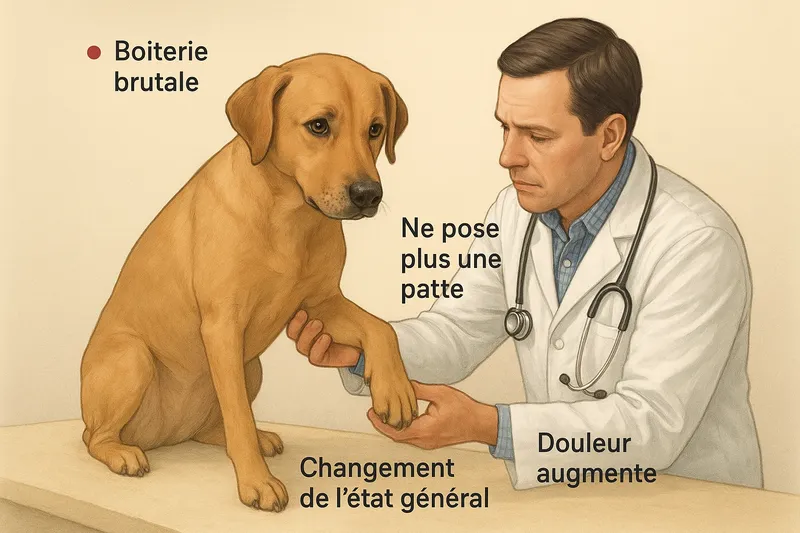 Illustration of a vet checking a dog's paw, flagging sudden limping, not bearing weight on the paw, worsening pain, and a change in general condition as signs to see a vet