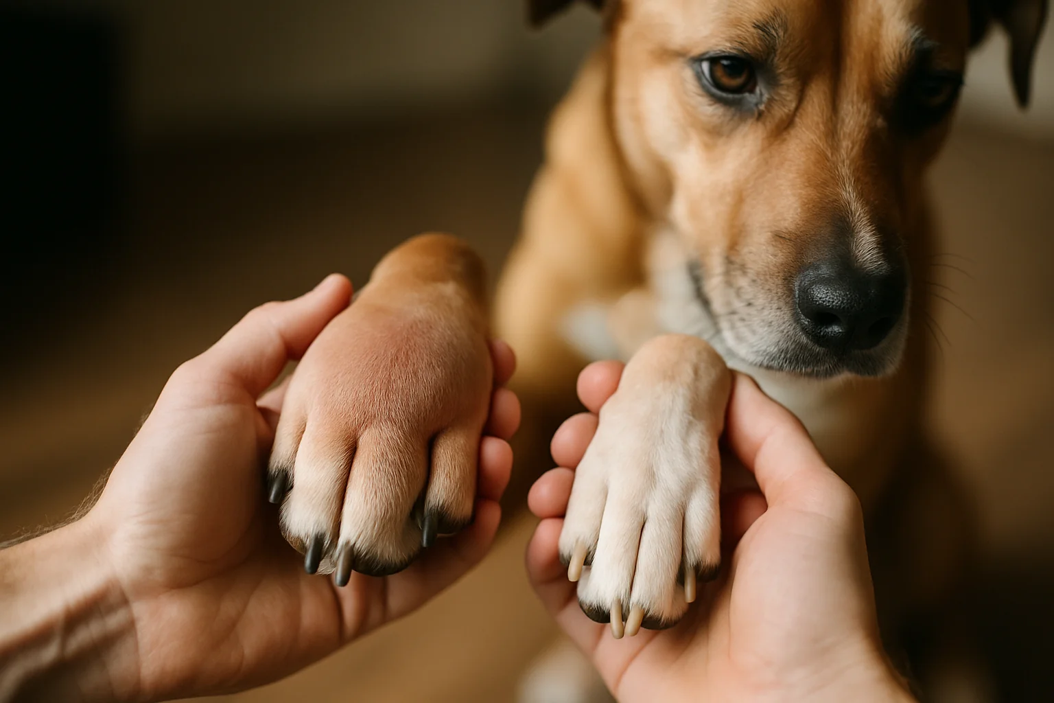 Hands comparing a dog's two front paws side by side, one visibly more swollen than the other