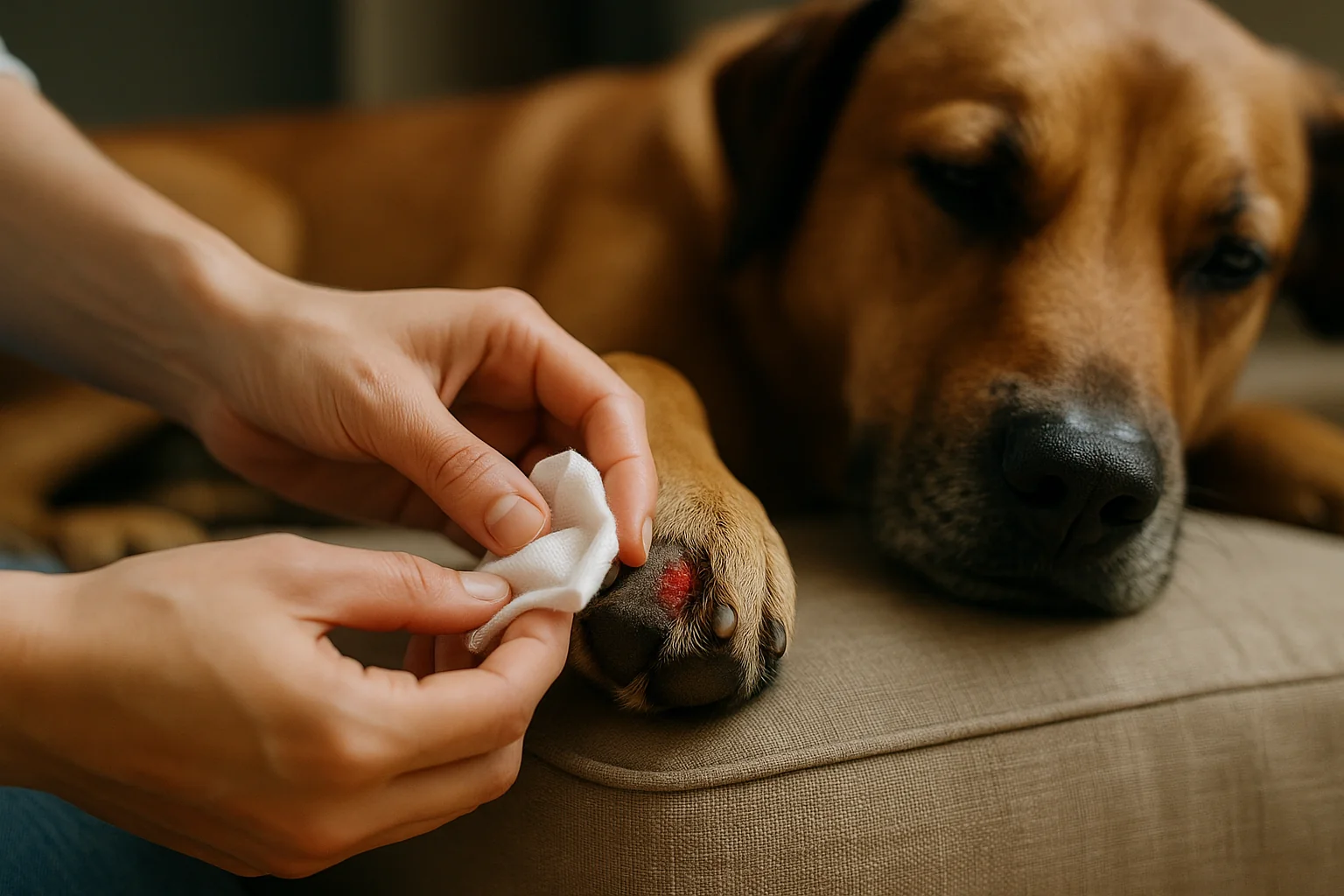 Hands gently cleaning a small wound on a dog's paw pad with gauze, dog lying calmly