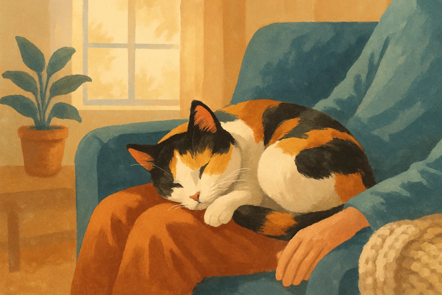 Une chatte tricolore endormie sur les genoux d'une personne assise dans un salon lumineux