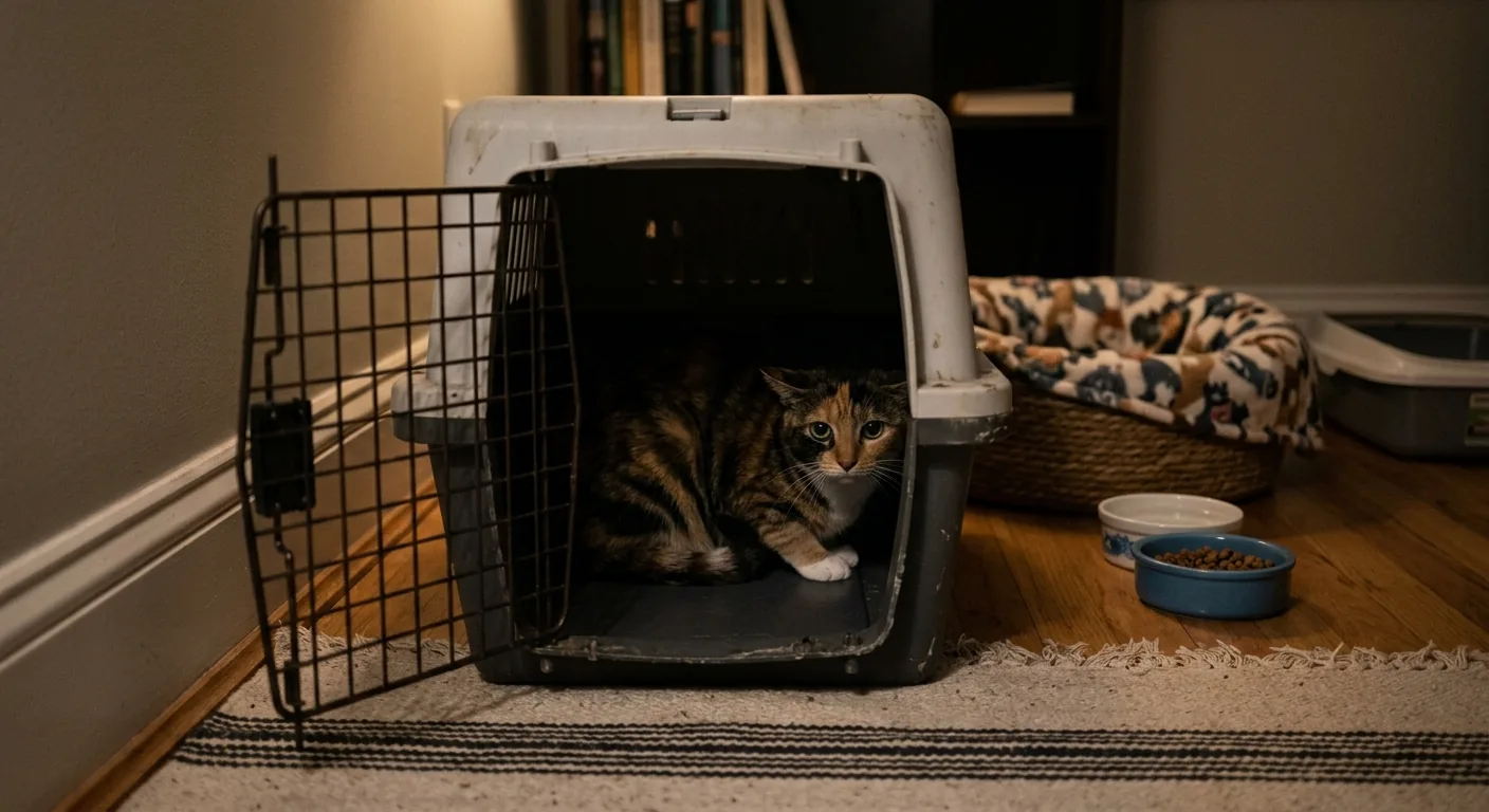 Une chatte tricolore blottie au fond de sa caisse de transport ouverte, gamelles et panier installés à côté sur le parquet