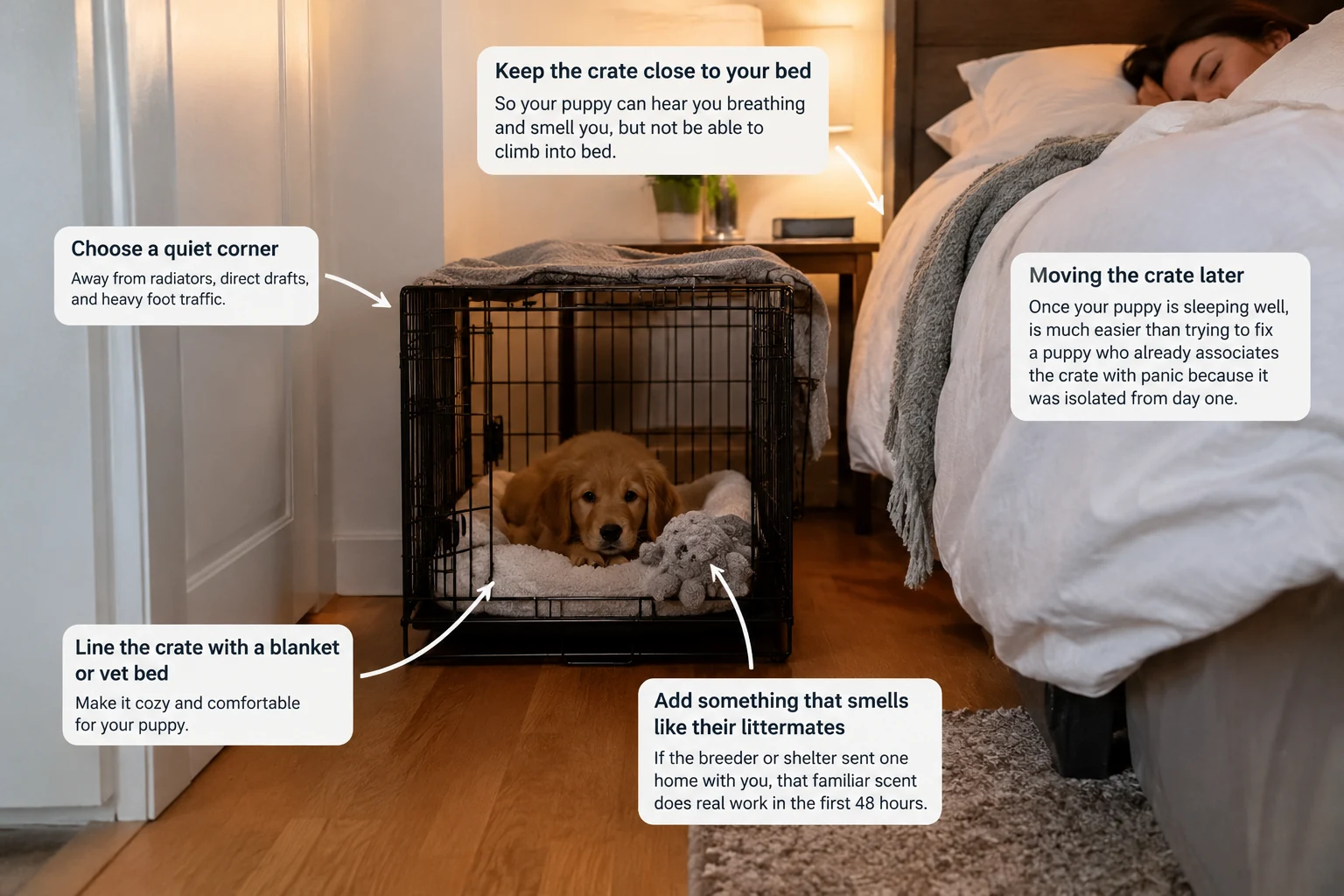 Annotated diagram showing where to place a puppy's crate: a quiet corner near the bed, lined with a blanket and a scented item from littermates
