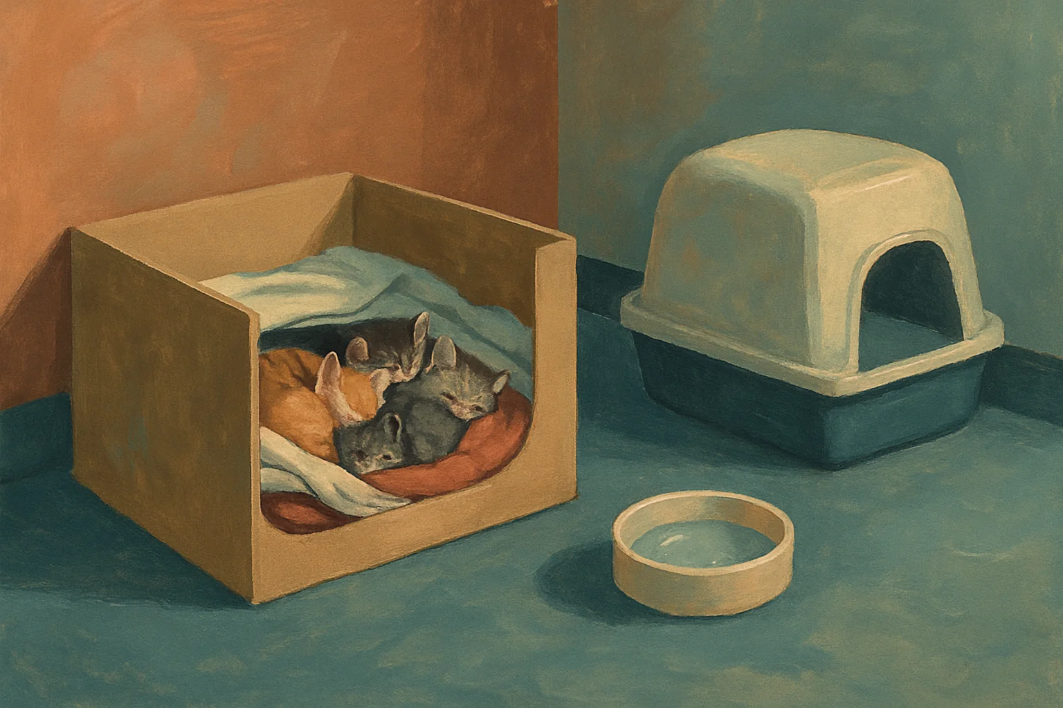 A litter of small kittens curled together asleep in a cardboard nest box lined with soft blankets