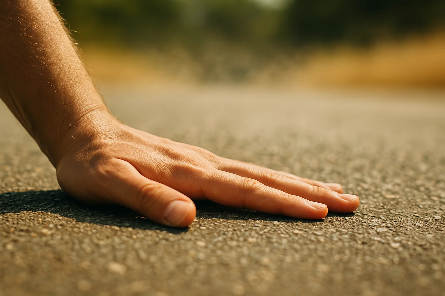 A hand pressed flat against sunlit asphalt pavement on a hot day, heat haze visible in the background