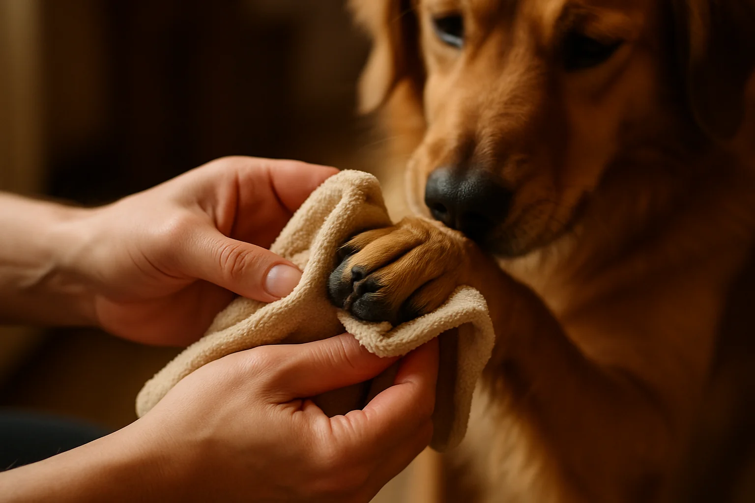 Hands carefully drying between a dog's toes with a small towel
