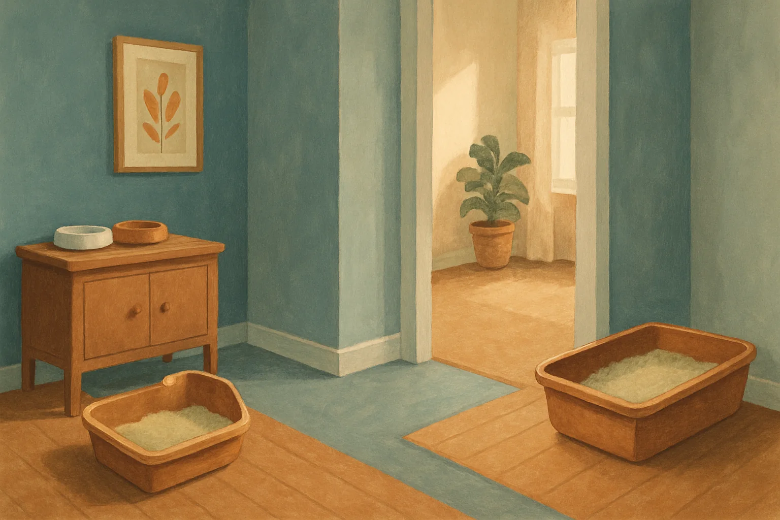 Two litter boxes placed apart in separate quiet corners of a home, away from food bowls