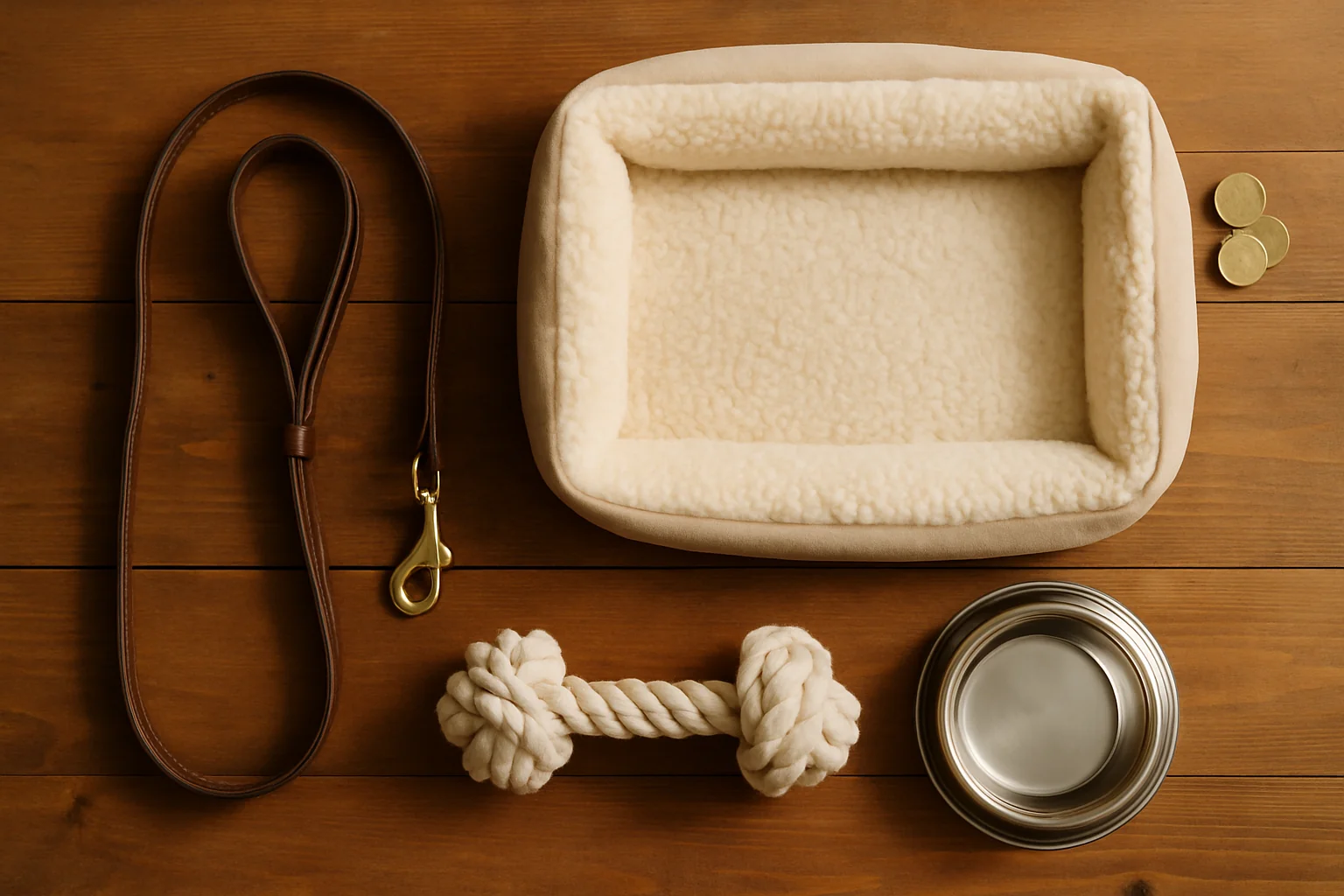 A flat lay of new dog starter gear on a wooden table: a leather leash, a rope toy, a food bowl, a small bed, and a few coins