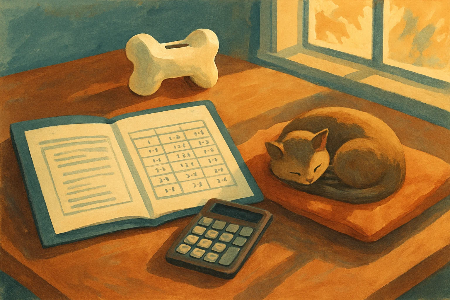 Dossier d'assurance animale ouvert avec calculatrice, tirelire en forme d'os et chat endormi sur un coussin à proximité