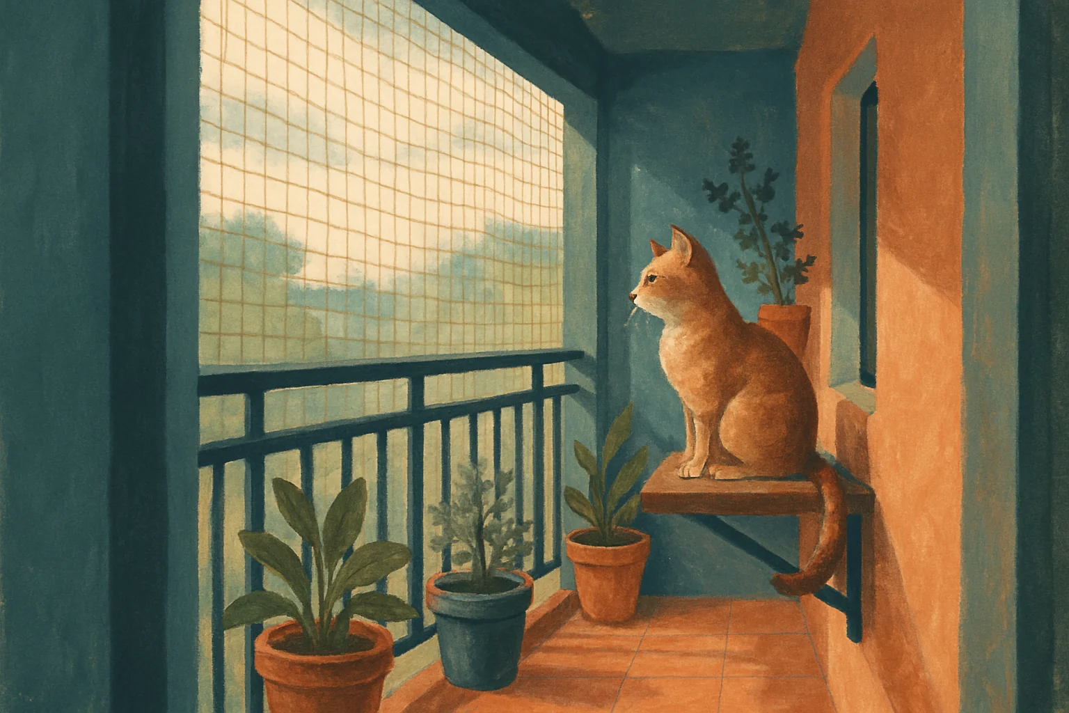 A cat sitting calmly on a balcony shelf behind fine mesh netting fixed across the railing gaps