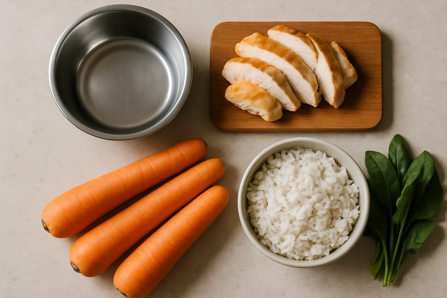 Fresh dog food ingredients, cooked chicken, carrots, rice, and leafy greens, arranged next to an empty stainless steel dog bowl