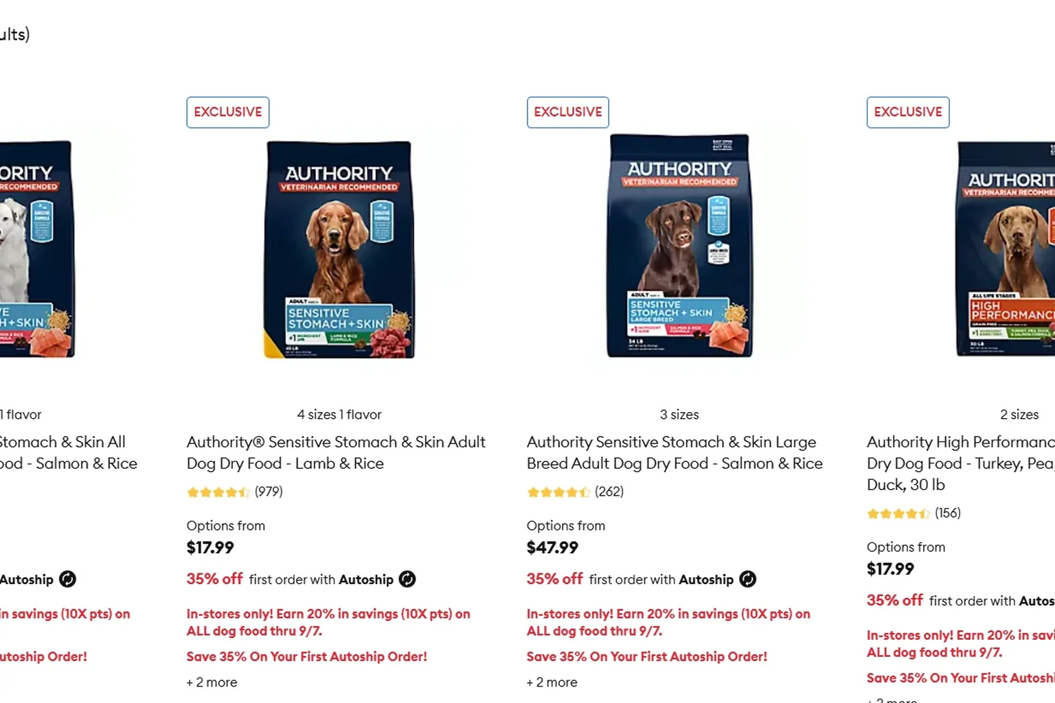 Screenshot of PetSmart's website showing several Authority-brand dry dog food bags with pricing and autoship offers