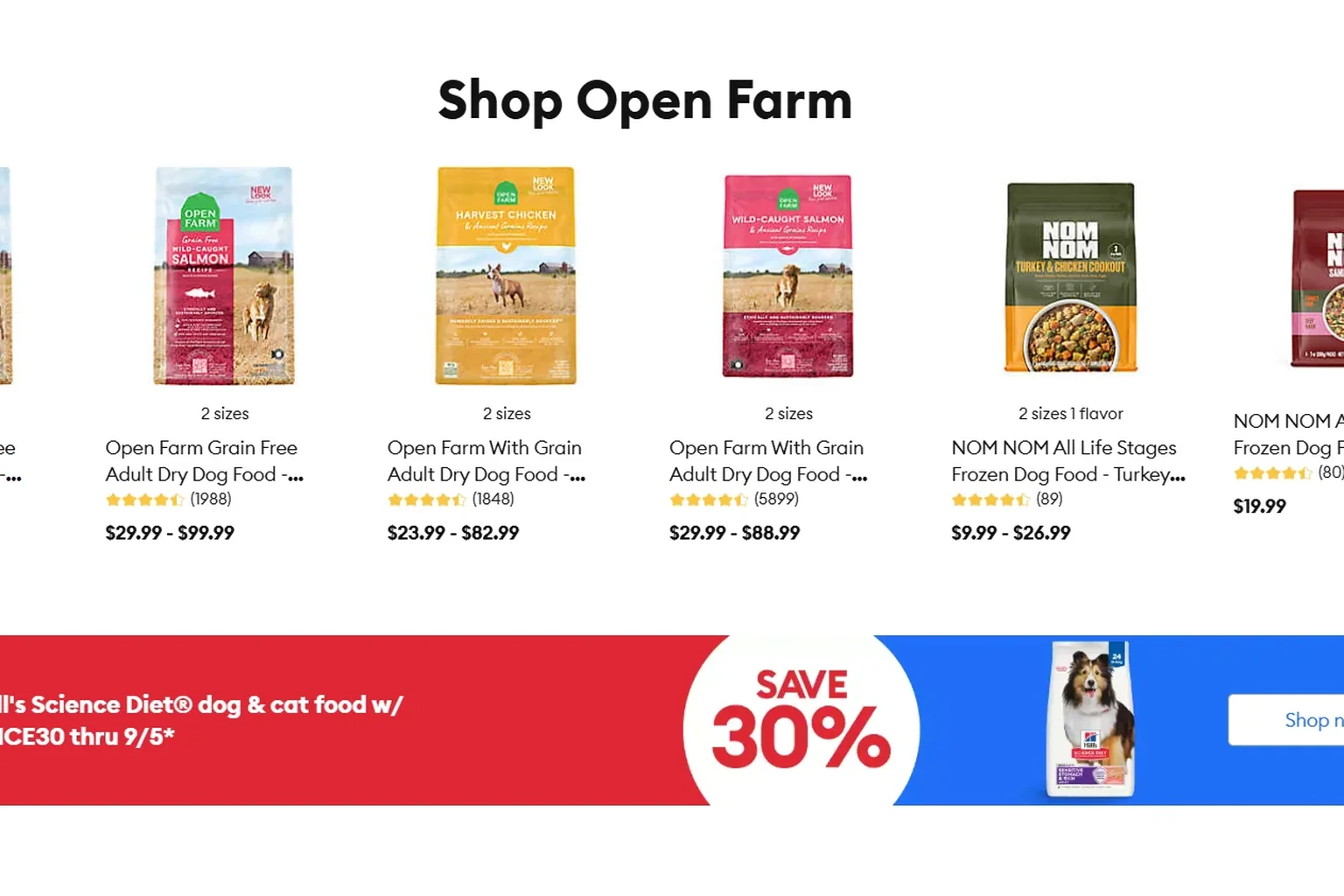Screenshot of PetSmart's website showing the Open Farm and NOM NOM shelf, plus a Hill's Science Diet promotional banner