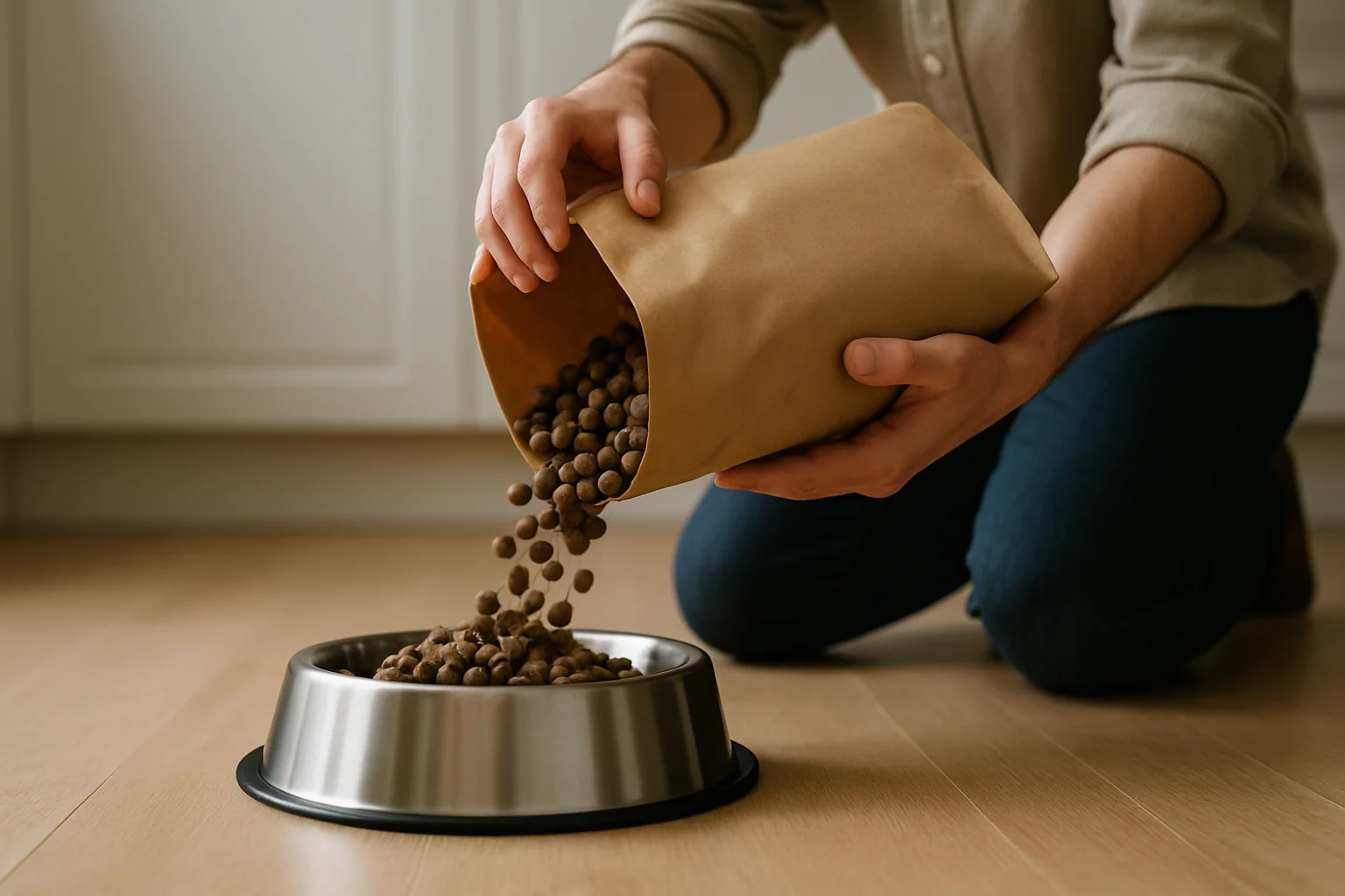 A person pouring dry dog kibble from a plain paper bag into a stainless steel bowl