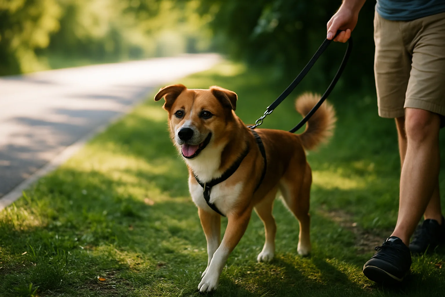 A dog on a leash walking along a shaded grassy path next to a sunlit paved road