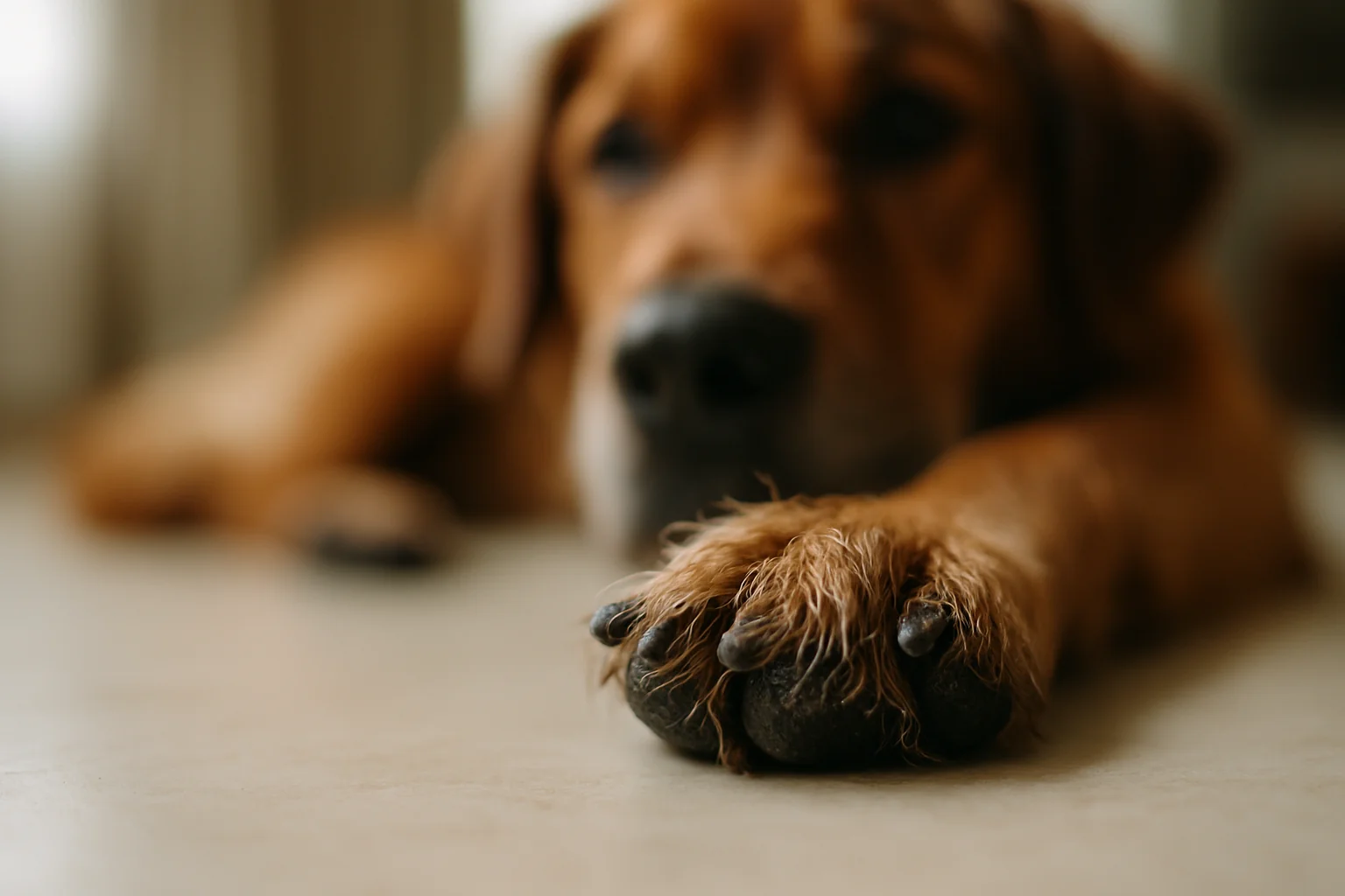 Close-up of a dog's paw with visibly damp, slightly matted fur between the toes
