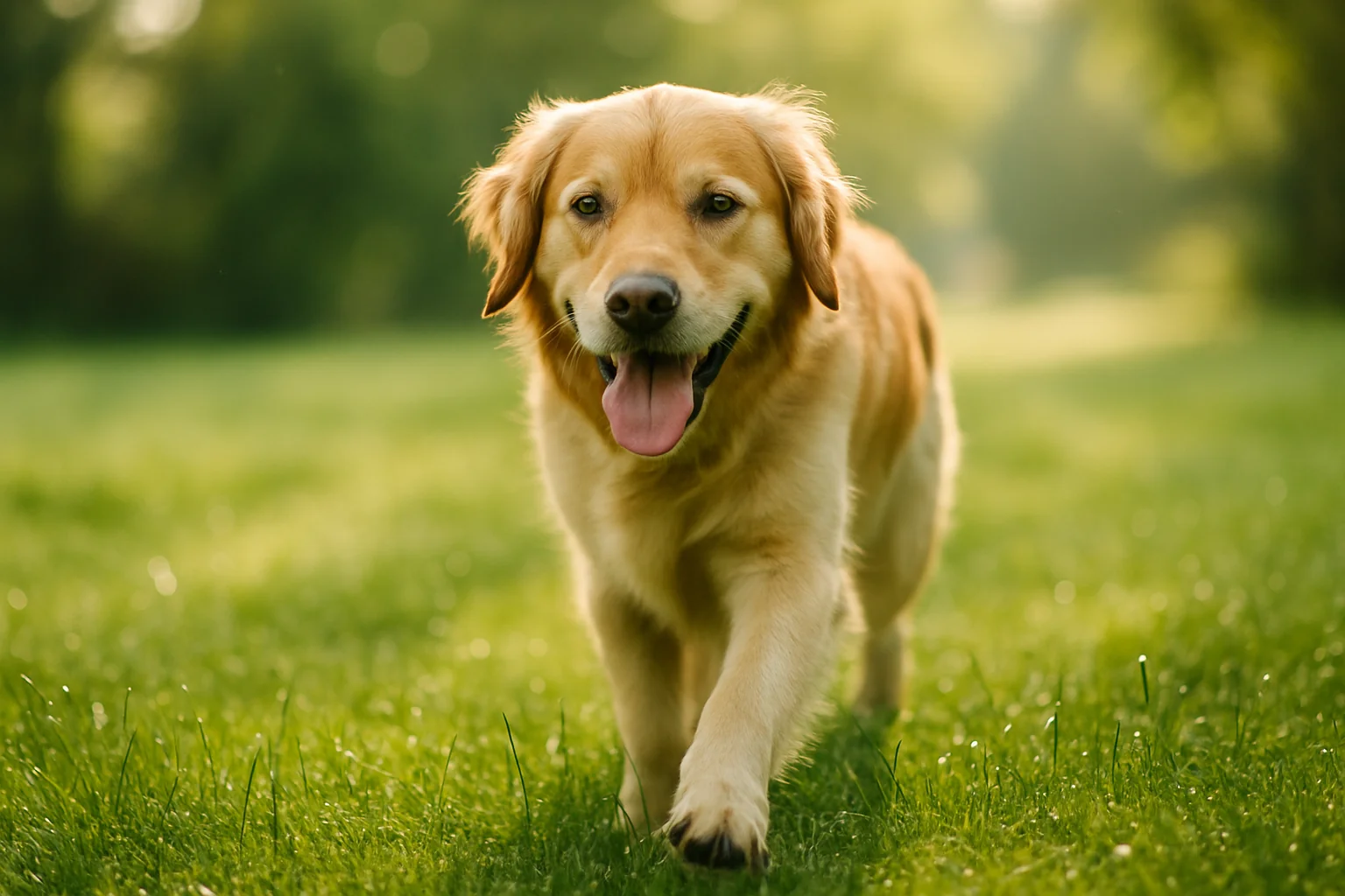 A happy dog walking on cool green grass with morning dew, soft early summer light