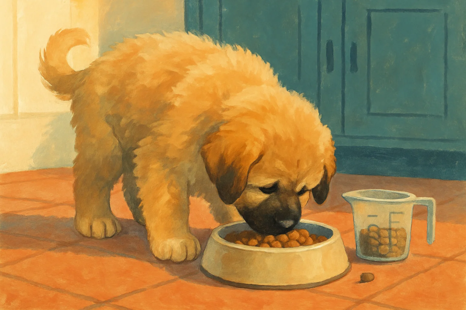 A large fluffy puppy eating a carefully portioned bowl of kibble on a kitchen floor next to a measuring cup