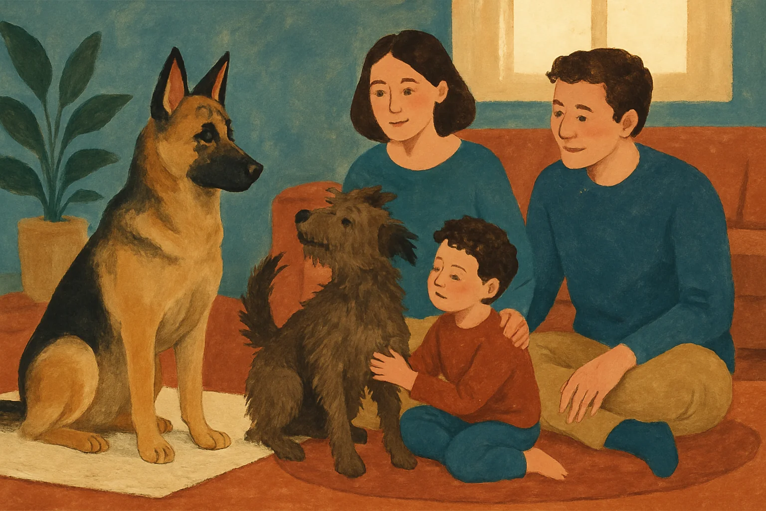 A family meeting a structured purebred dog and a scruffy mixed-breed dog side by side in a living room