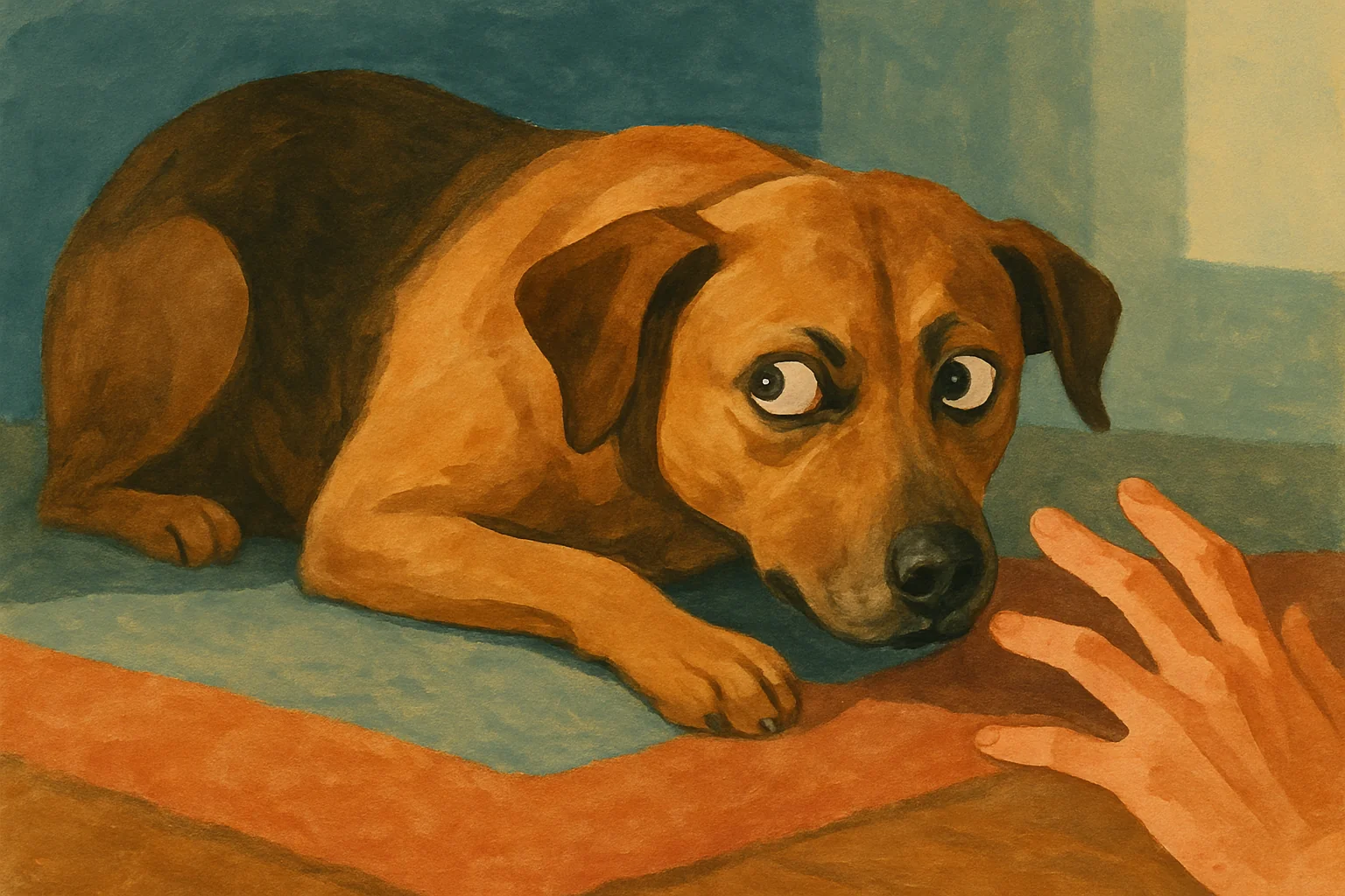 Close-up illustration of a dog showing whale eye, the whites of its eyes visible as it looks sideways with a stiff, tense body