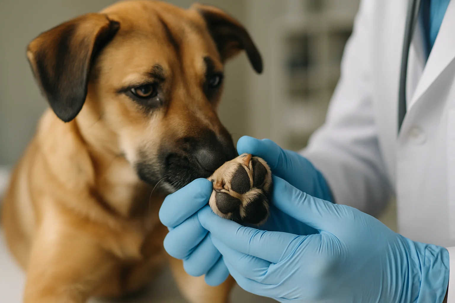 A veterinarian spreading a dog's toes apart with gloved hands to examine the skin between them