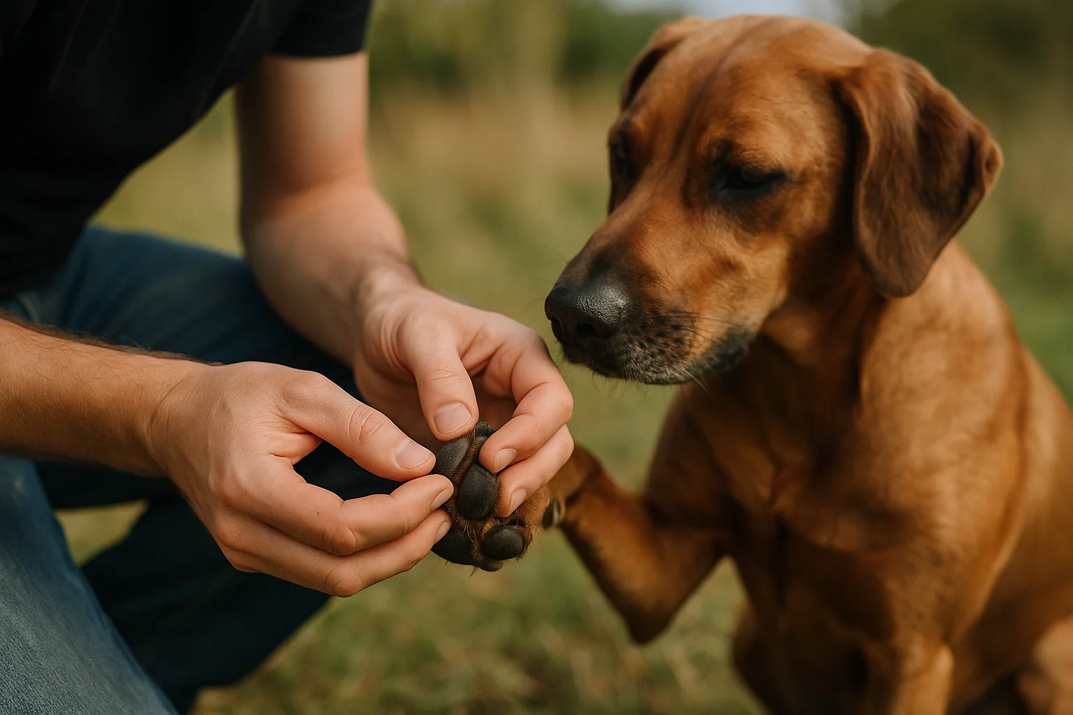 A person closely examining between a dog's toes outdoors, checking for a thorn or splinter