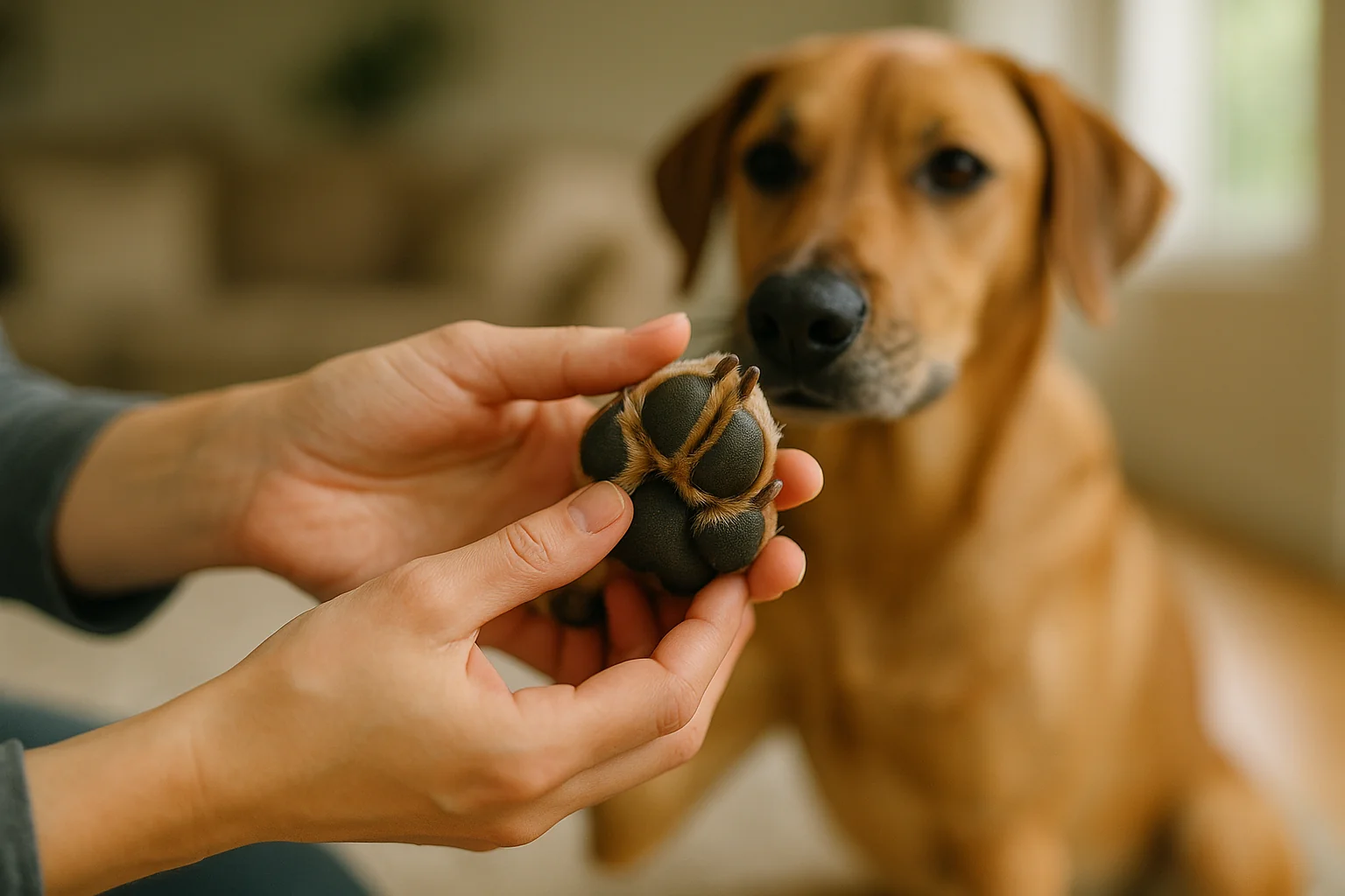 Hands gently spreading a dog's paw pads apart to examine them, attentive dog in the background