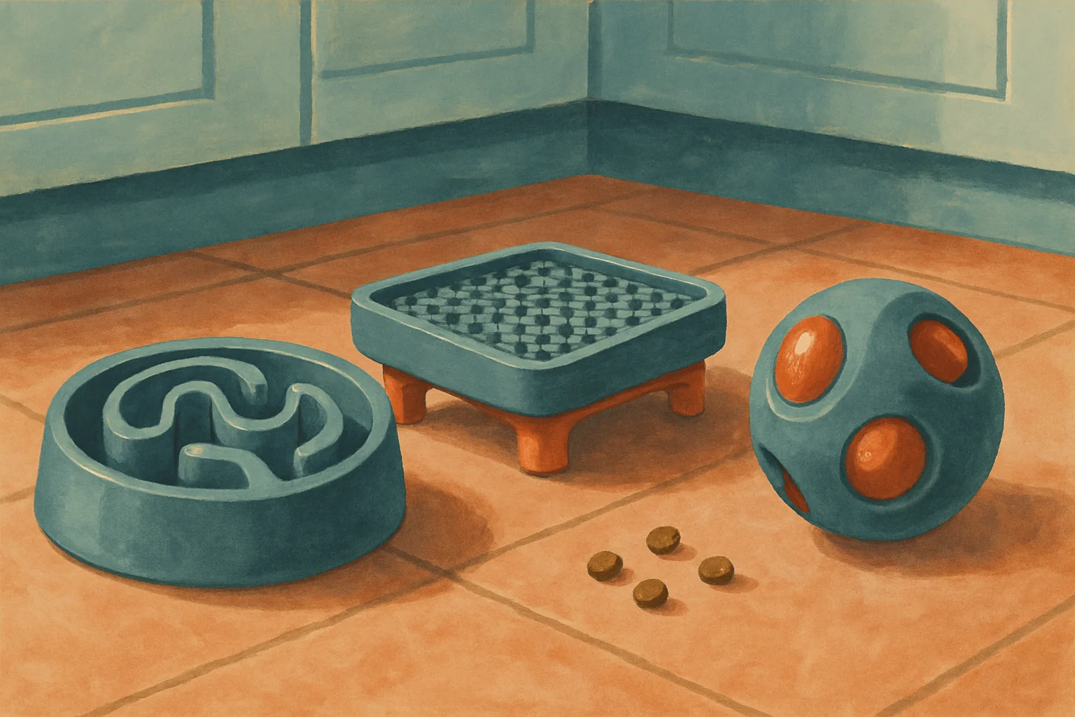 Three different styles of dog slow-feeder bowls, a maze bowl, a lick mat, and a puzzle-ball feeder, arranged on a kitchen floor