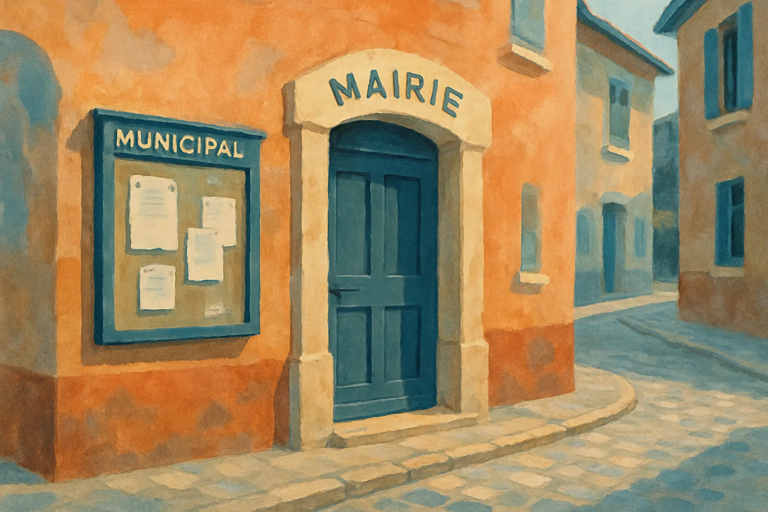 Une mairie de village française avec un panneau d'affichage municipal, illustrant où consulter un arrêté local