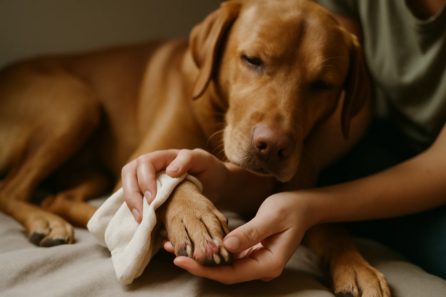 Hands gently wiping a dog's slightly red, irritated paw with a soft damp cloth