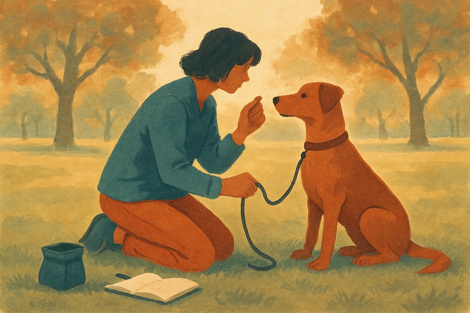 Un éducateur canin agenouillé dans un parc, récompensant un chien tenu en laisse détendue avec une friandise