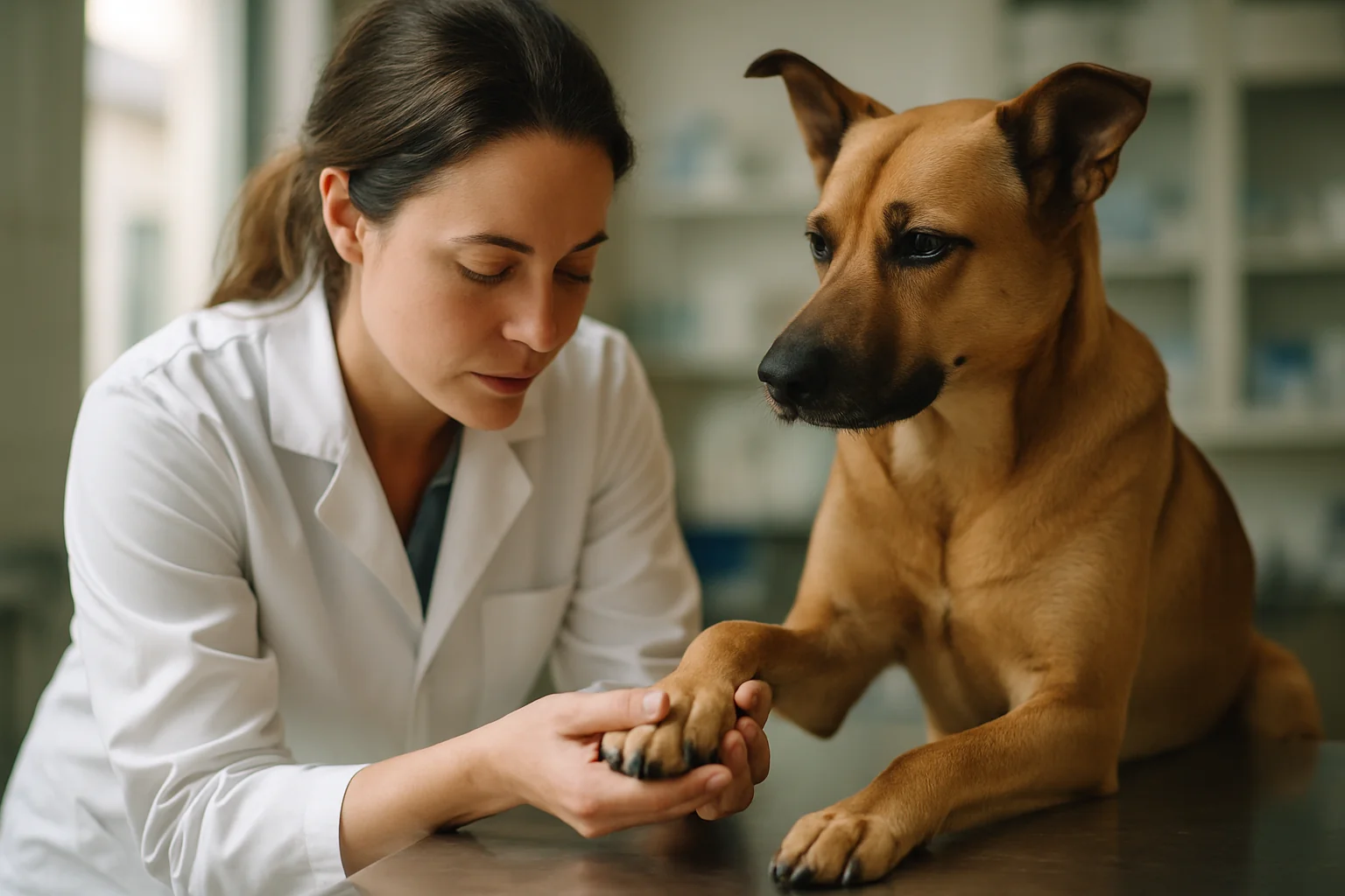 A veterinarian in a white coat carefully examining a dog's paw on an exam table