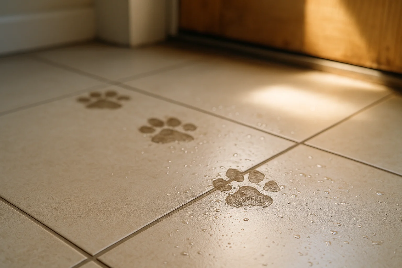 Wet dog paw prints on a light tile floor near an entryway, morning light